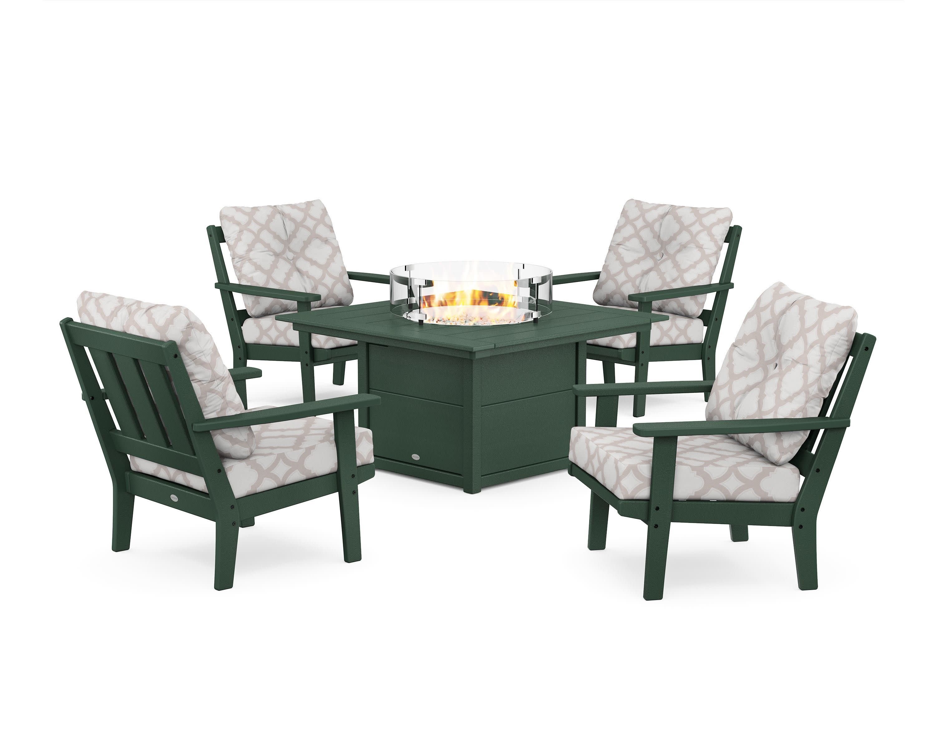 Oxford 5-Piece Deep Seating Set with Fire Pit Table in Green / Trellis Dune Burlap