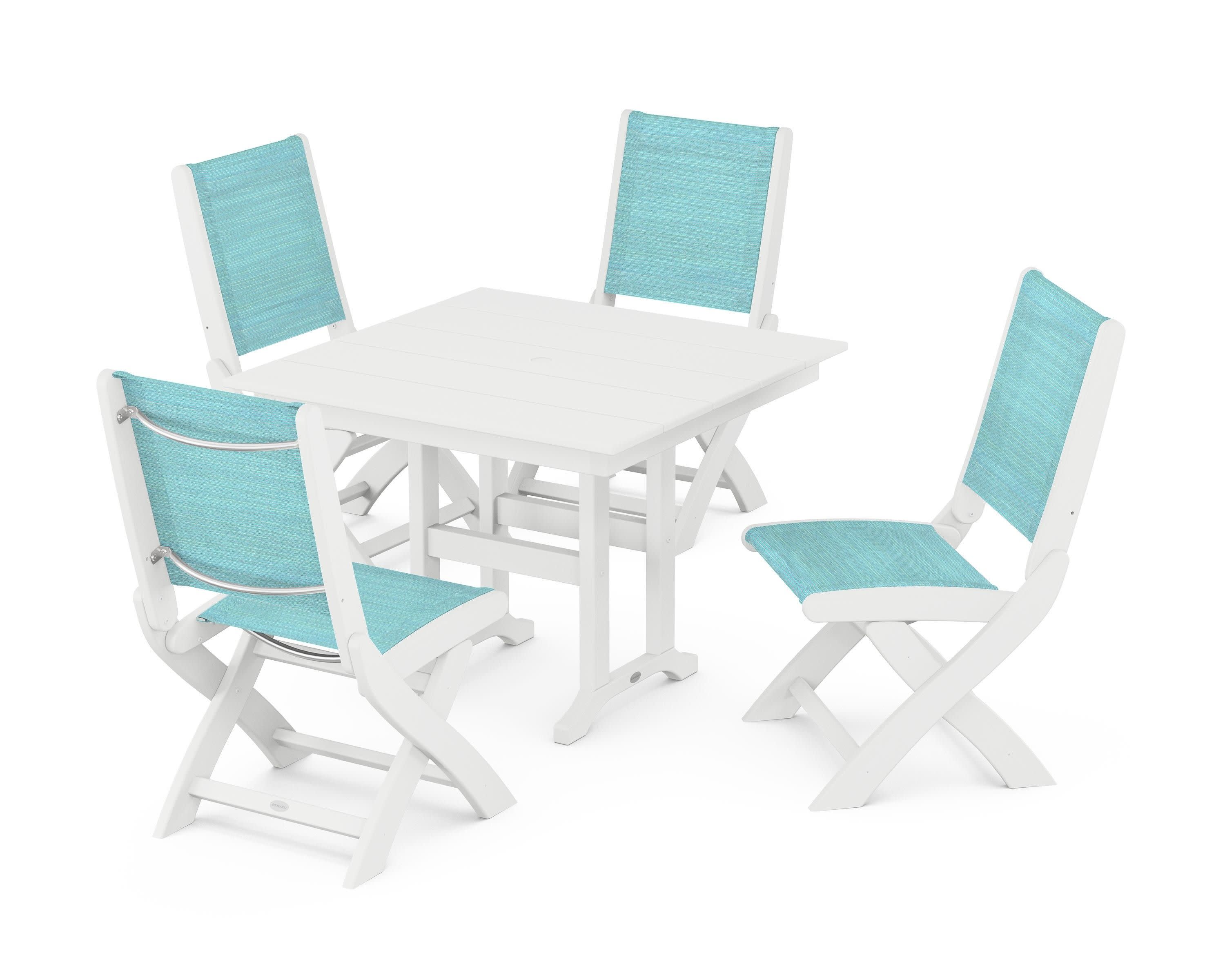 Coastal Folding Side Chair 5-Piece Farmhouse Dining Set in White / Dupioni Aquamarine Sling