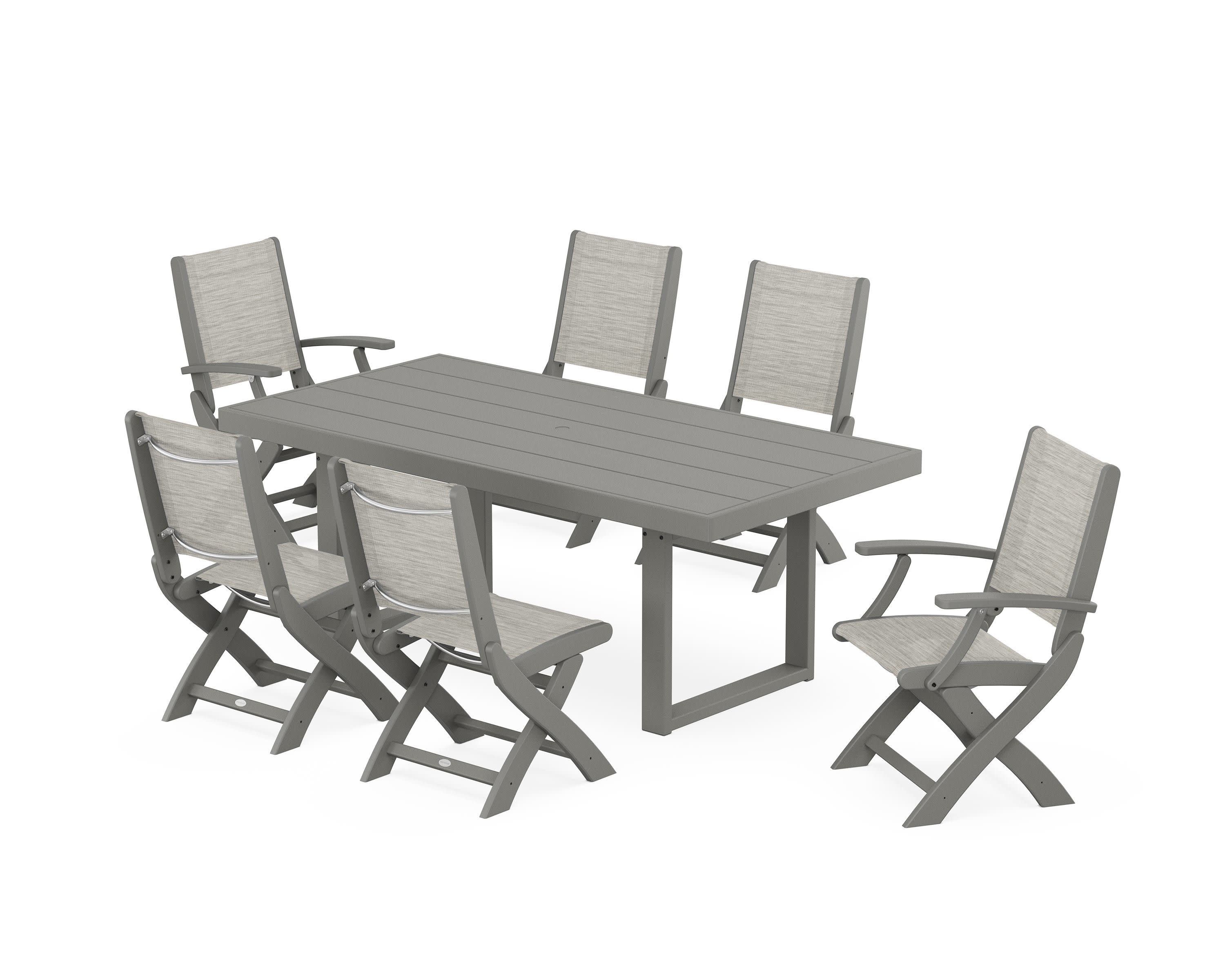 Coastal Folding Chair 7-Piece Dining Set with Trestle Legs in Slate Grey / Birch Sling