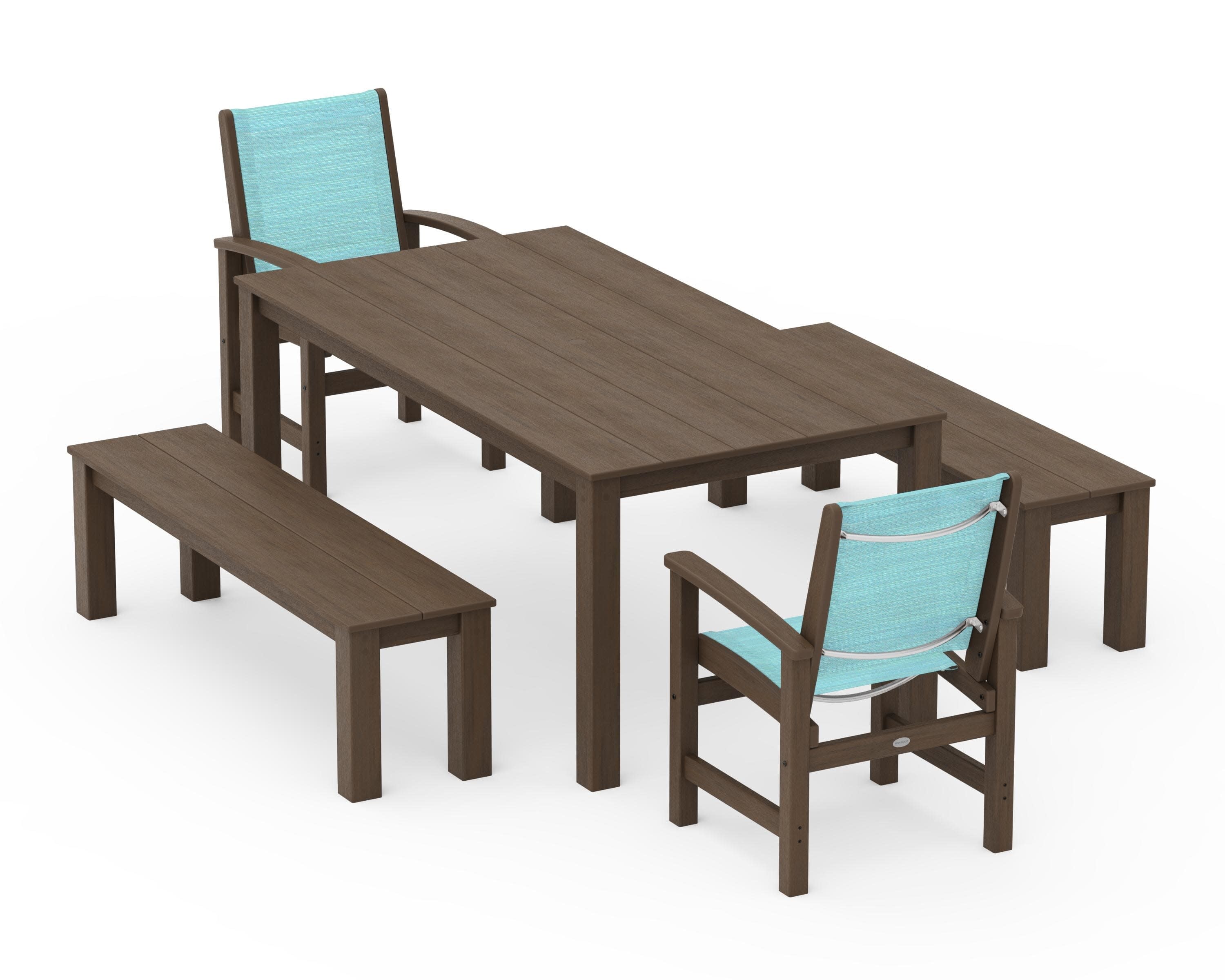 Coastal 5-Piece Parsons Dining Set with Benches in Kona / Dupioni Aquamarine Sling