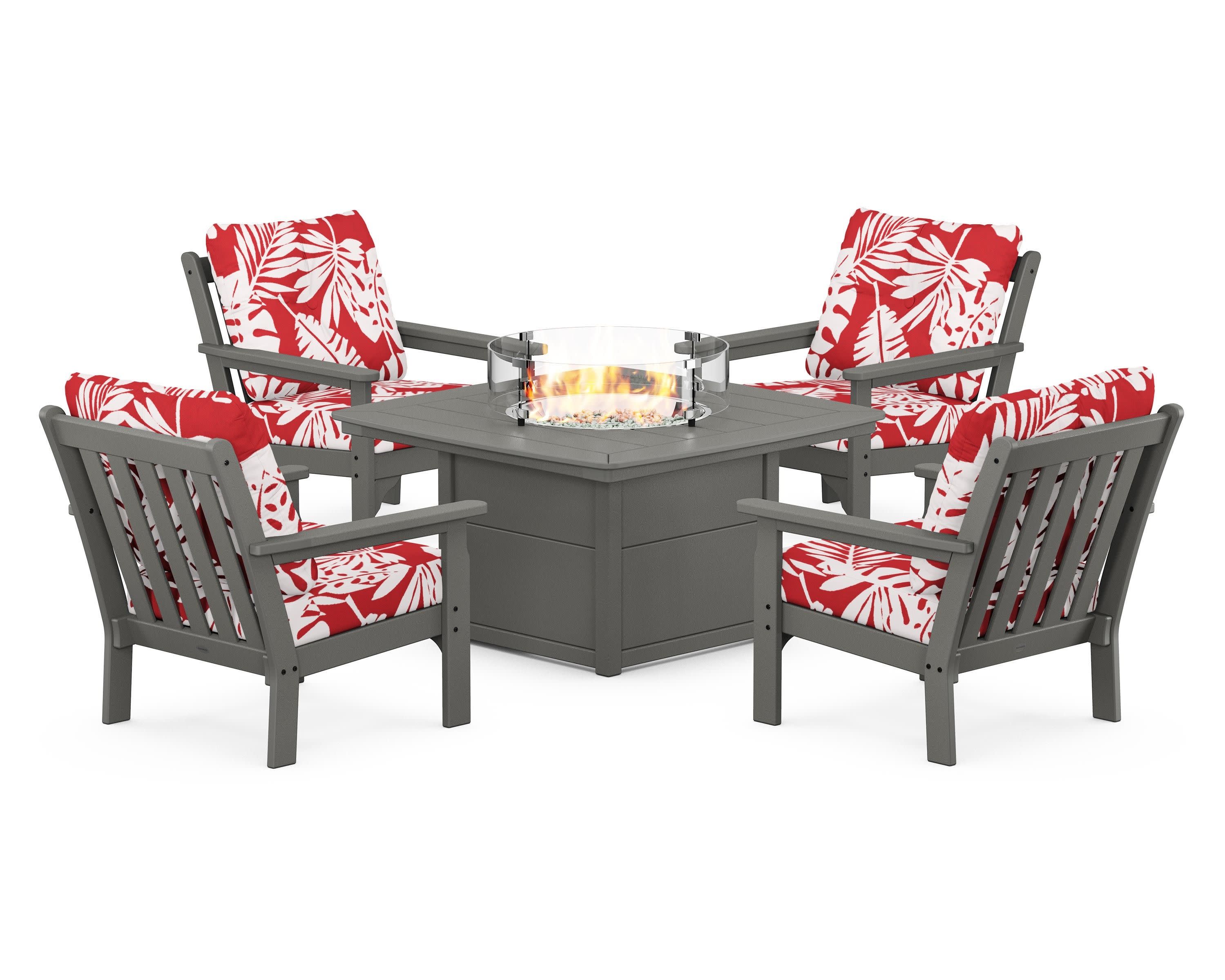 Vineyard 5-Piece Conversation Set with Fire Pit Table in Slate Grey / Leaf Crimson