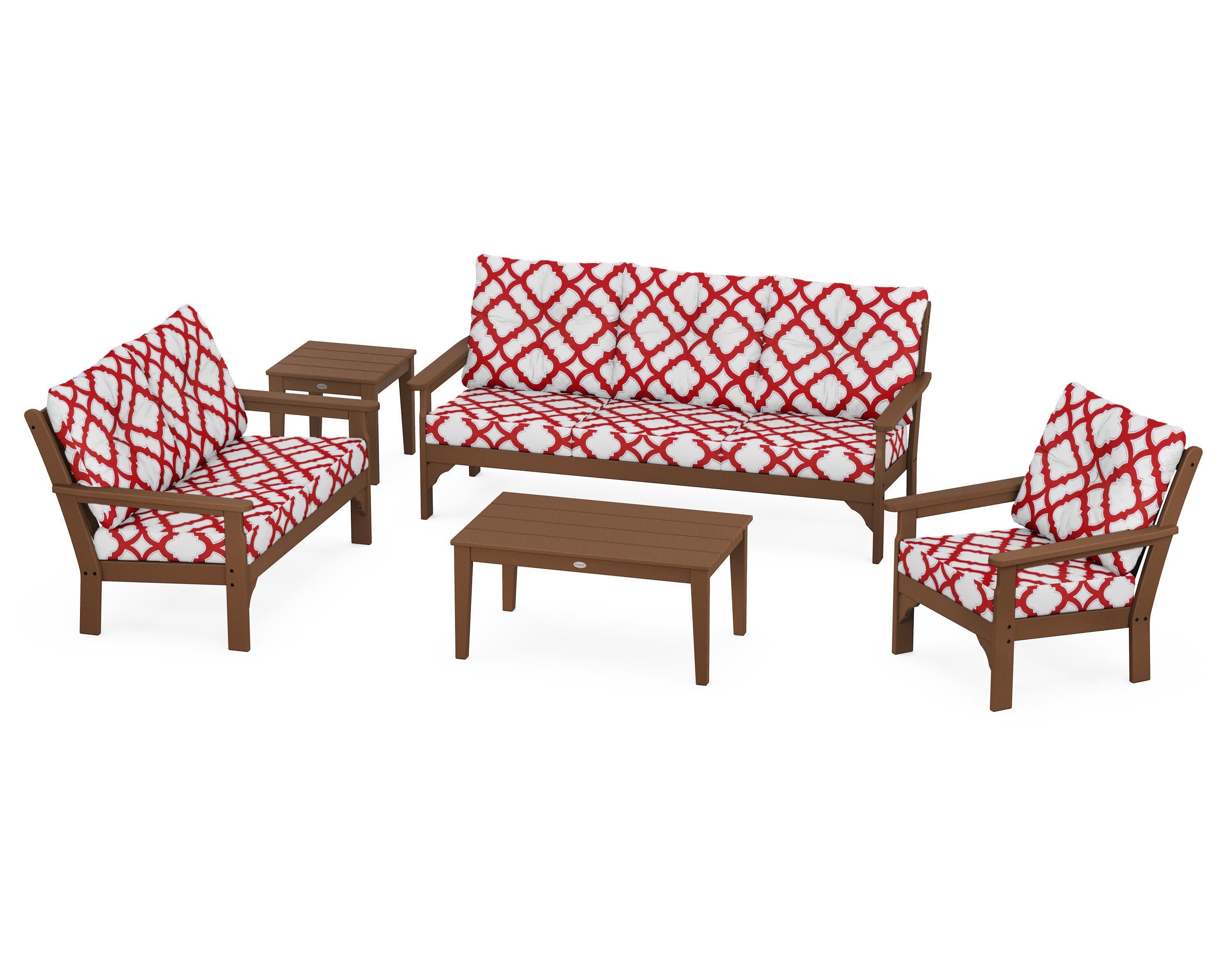 Vineyard 5 Piece Deep Seating Set in Teak / Trellis Crimson