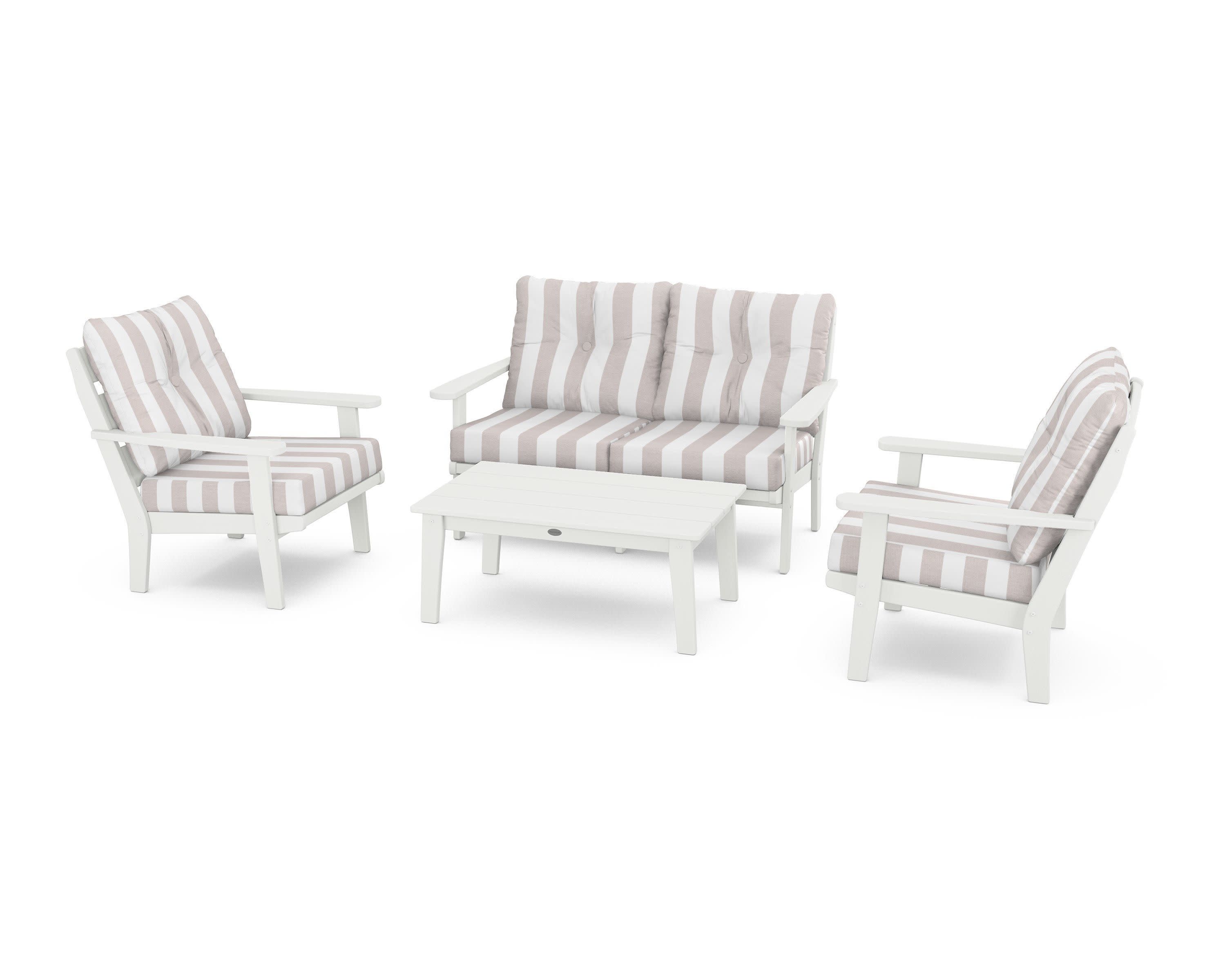 Lakeside 4-Piece Deep Seating Set in Vintage White / Cabana Stripe Dune Burlap