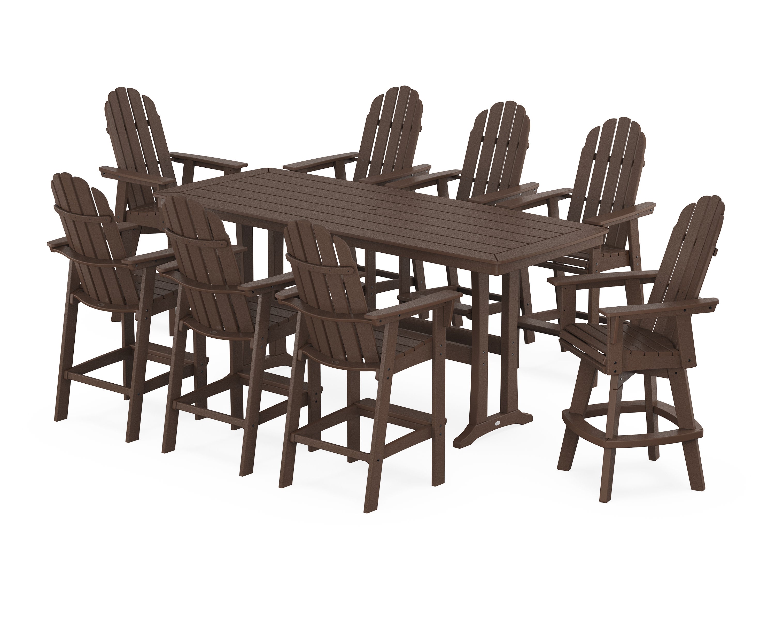 Vineyard Curveback Adirondack Swivel 9-Piece Bar Set with Trestle Legs in Mahogany