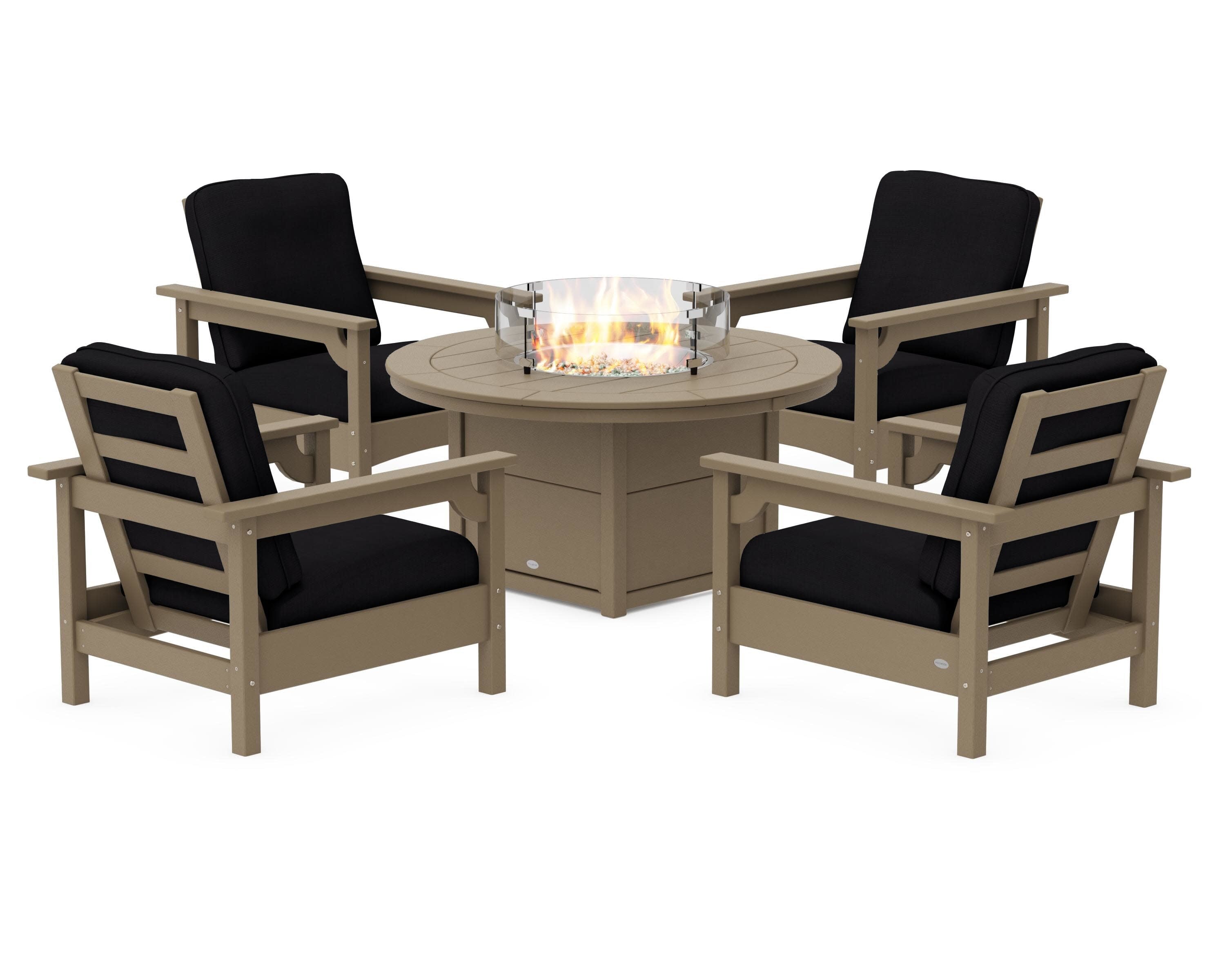 Club 5-Piece Conversation Set with Fire Pit Table in Vintage Sahara / Midnight Linen