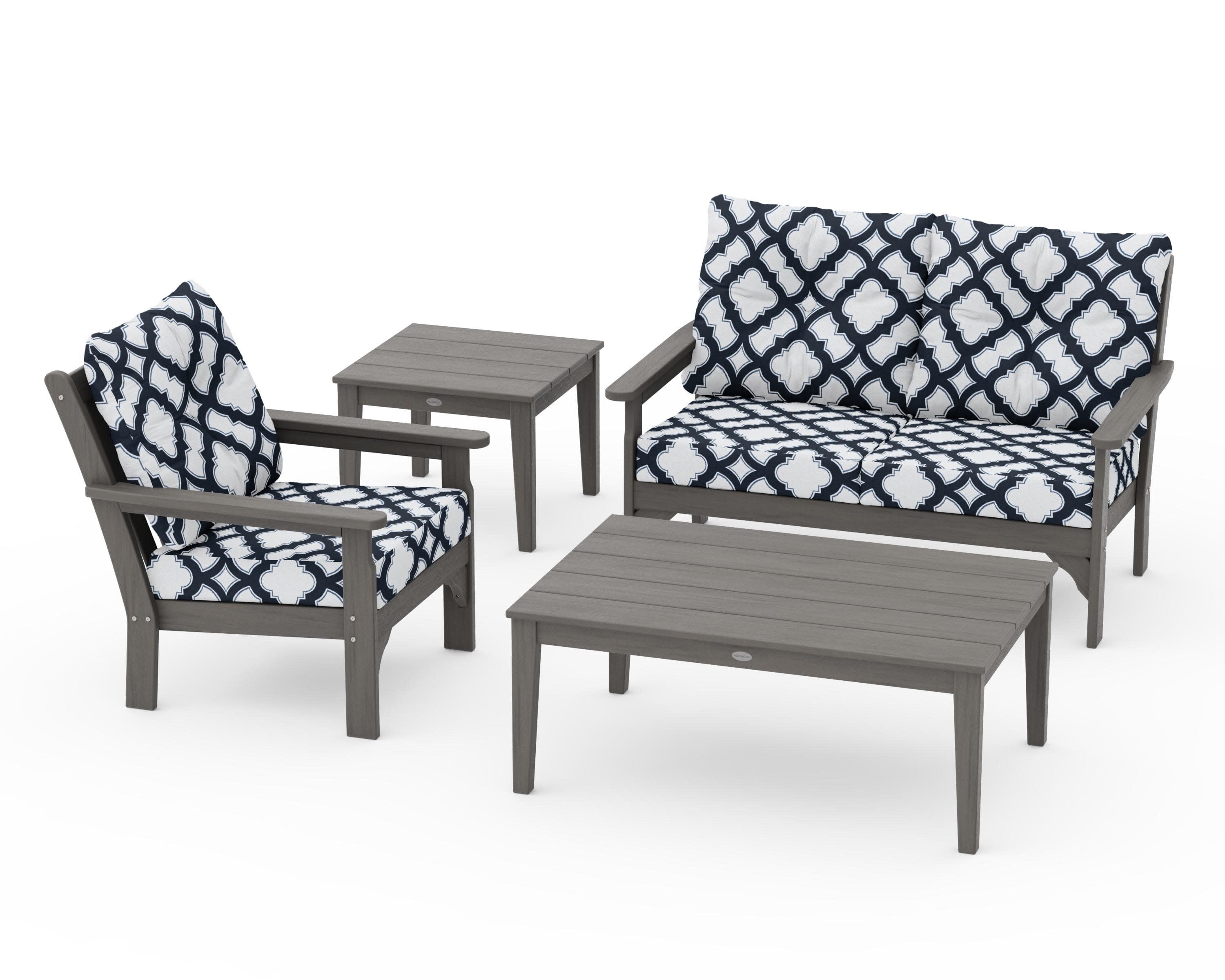 Vineyard 4-Piece Deep Seating Set in Driftwood / Trellis Marine Indigo