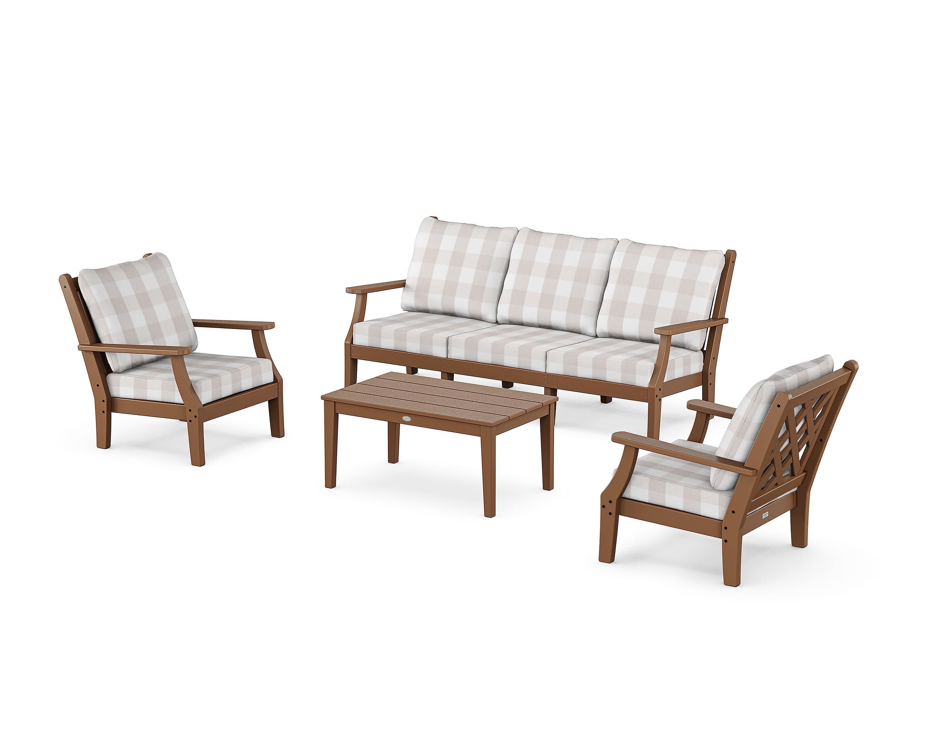 Wovendale 4-Piece Deep Seating Set with Sofa in Teak / Buffalo Plaid Dune Burlap