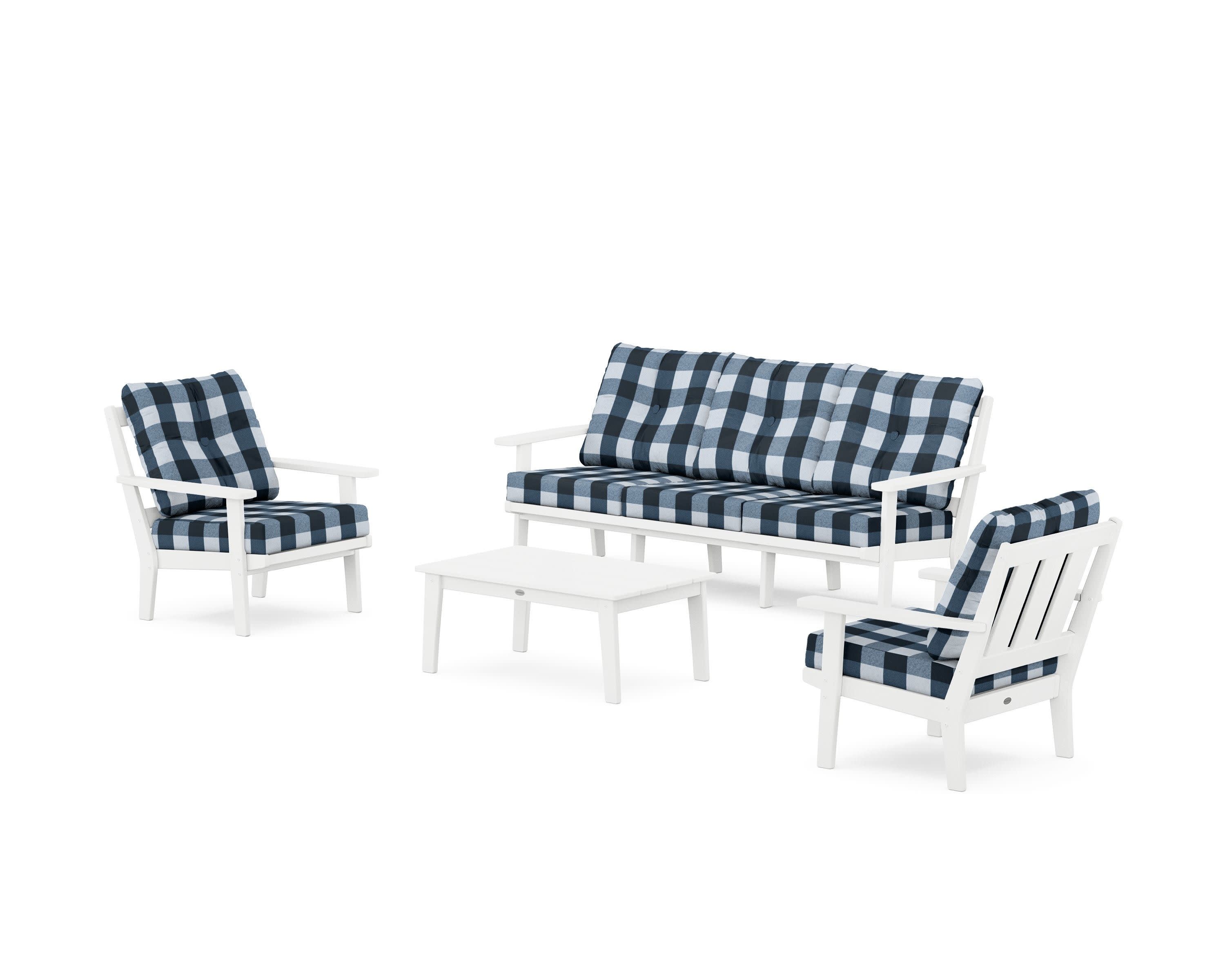 Oxford 4-Piece Deep Seating Set with Sofa in White / Buffalo Plaid Marine Indigo