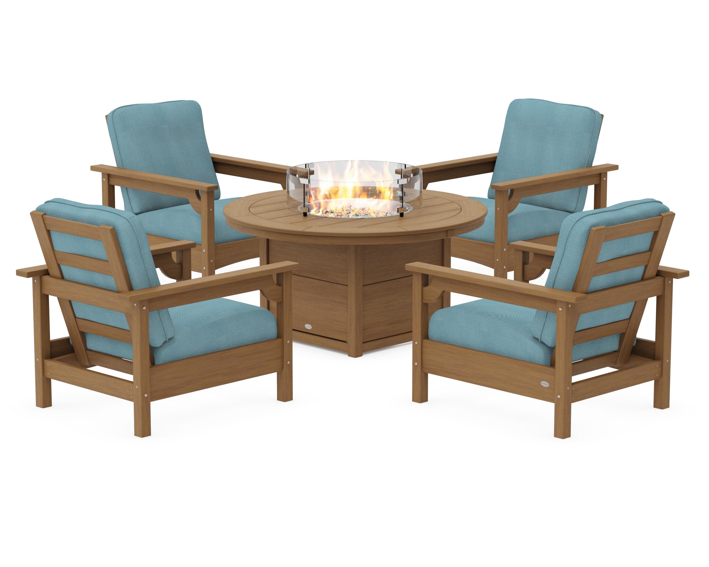 Club 5-Piece Conversation Set with Fire Pit Table in Natural / Lattice Sky Blue