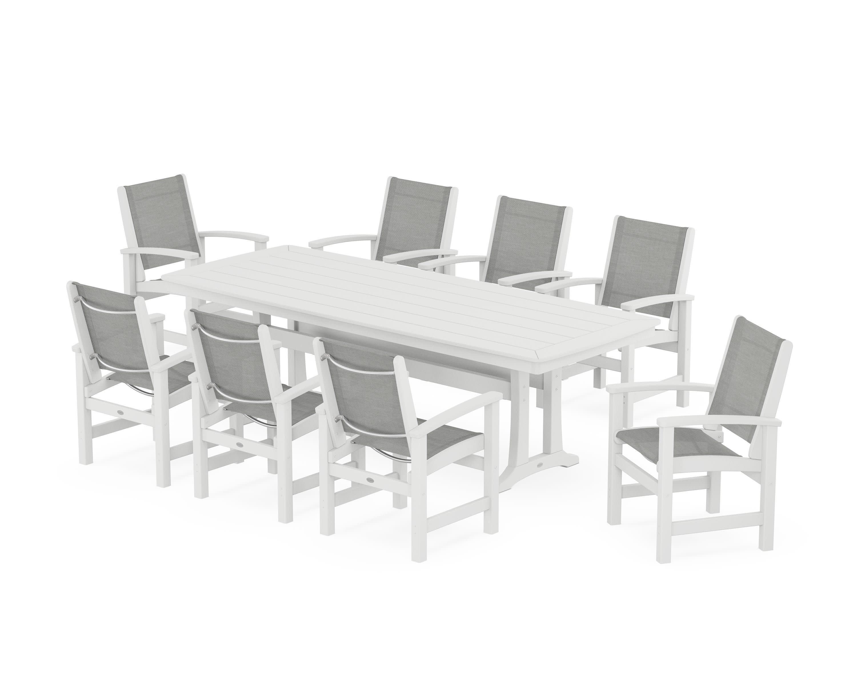 Coastal 9-Piece Dining Set with Trestle Legs in White / Metallic Sling