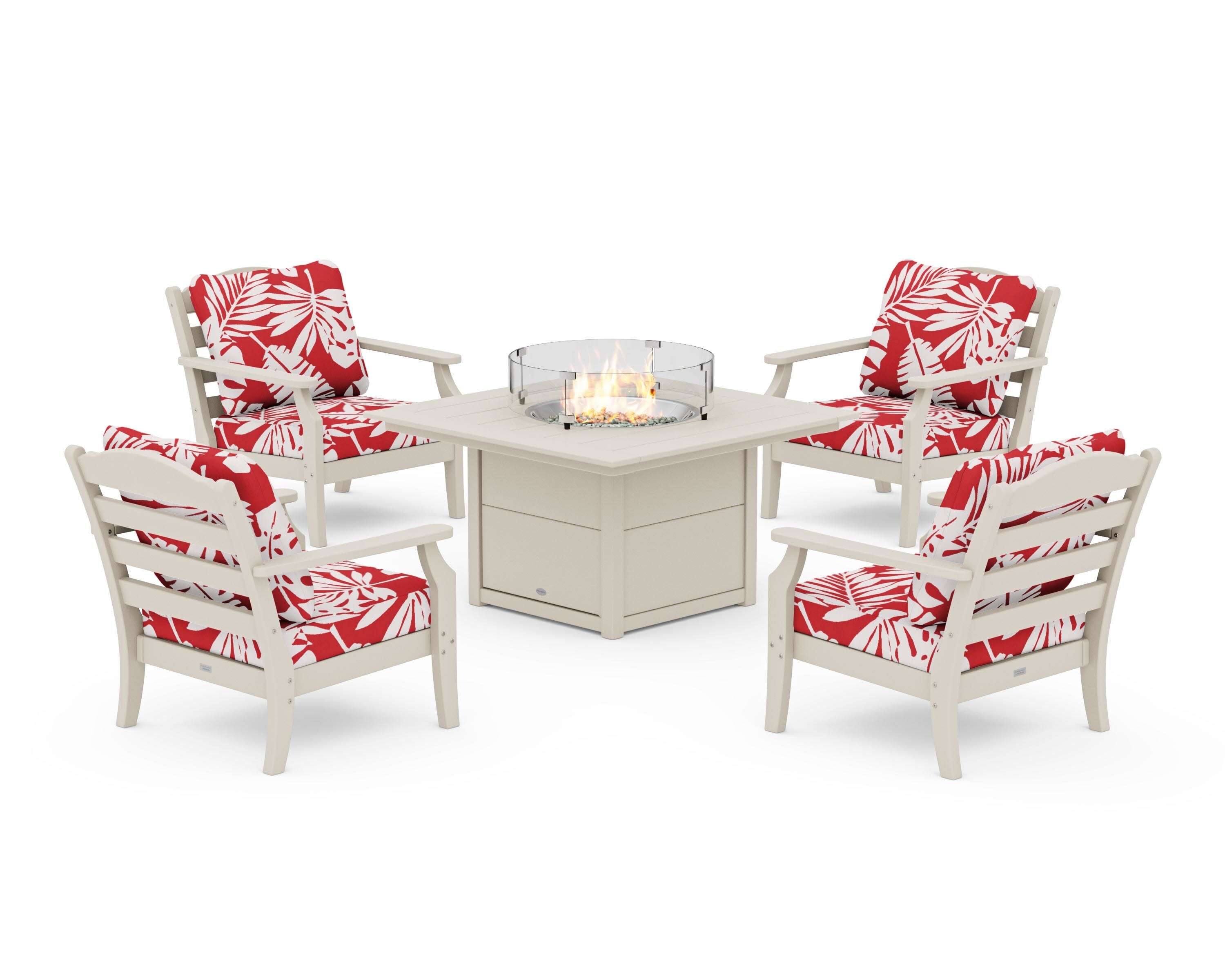 Savannah 5-Piece Deep Seating Set with Fire Pit Table in Sand / Leaf Crimson