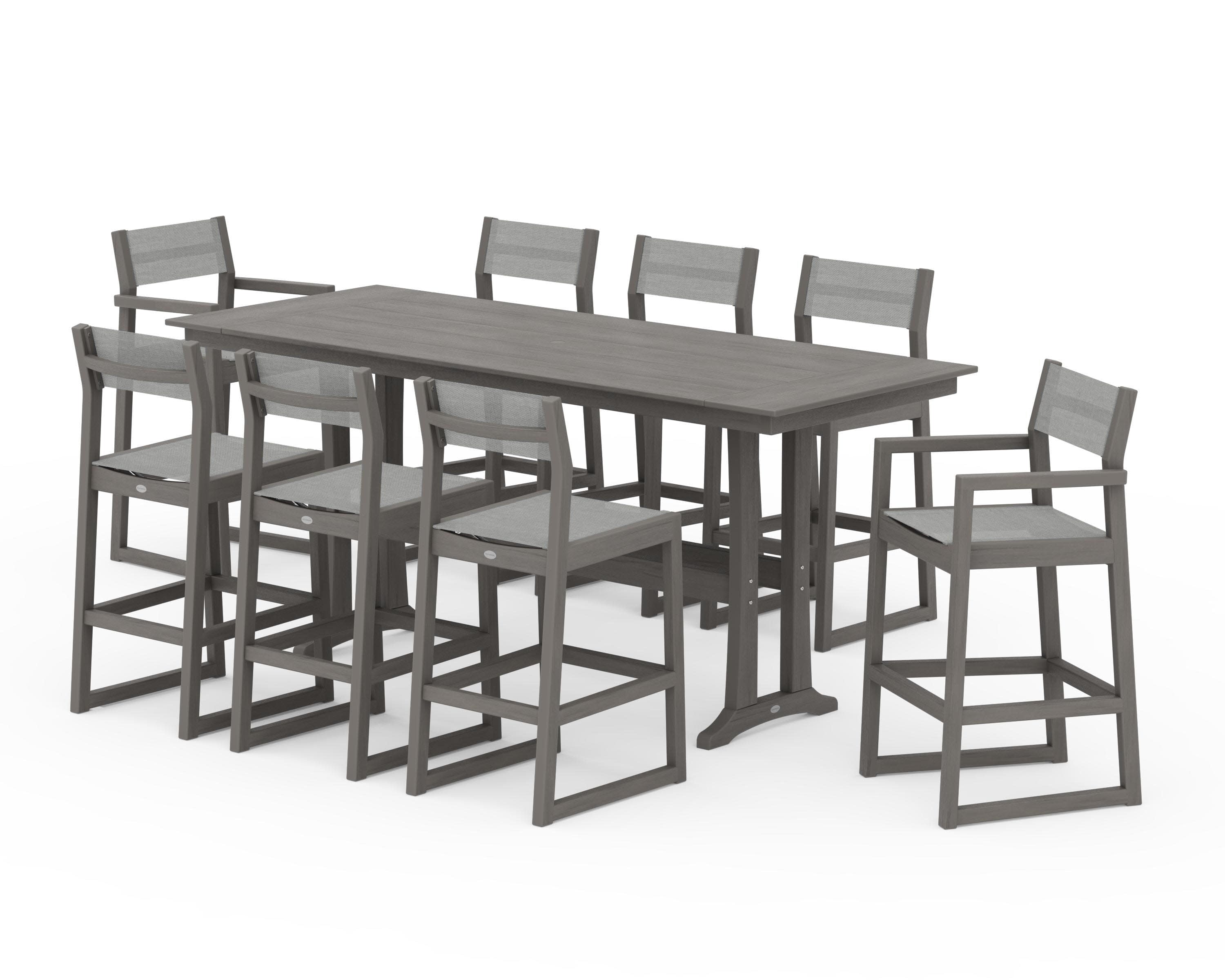 EDGE Sling 9-Piece Farmhouse Bar Set with Trestle Legs in Driftwood / Metallic Sling