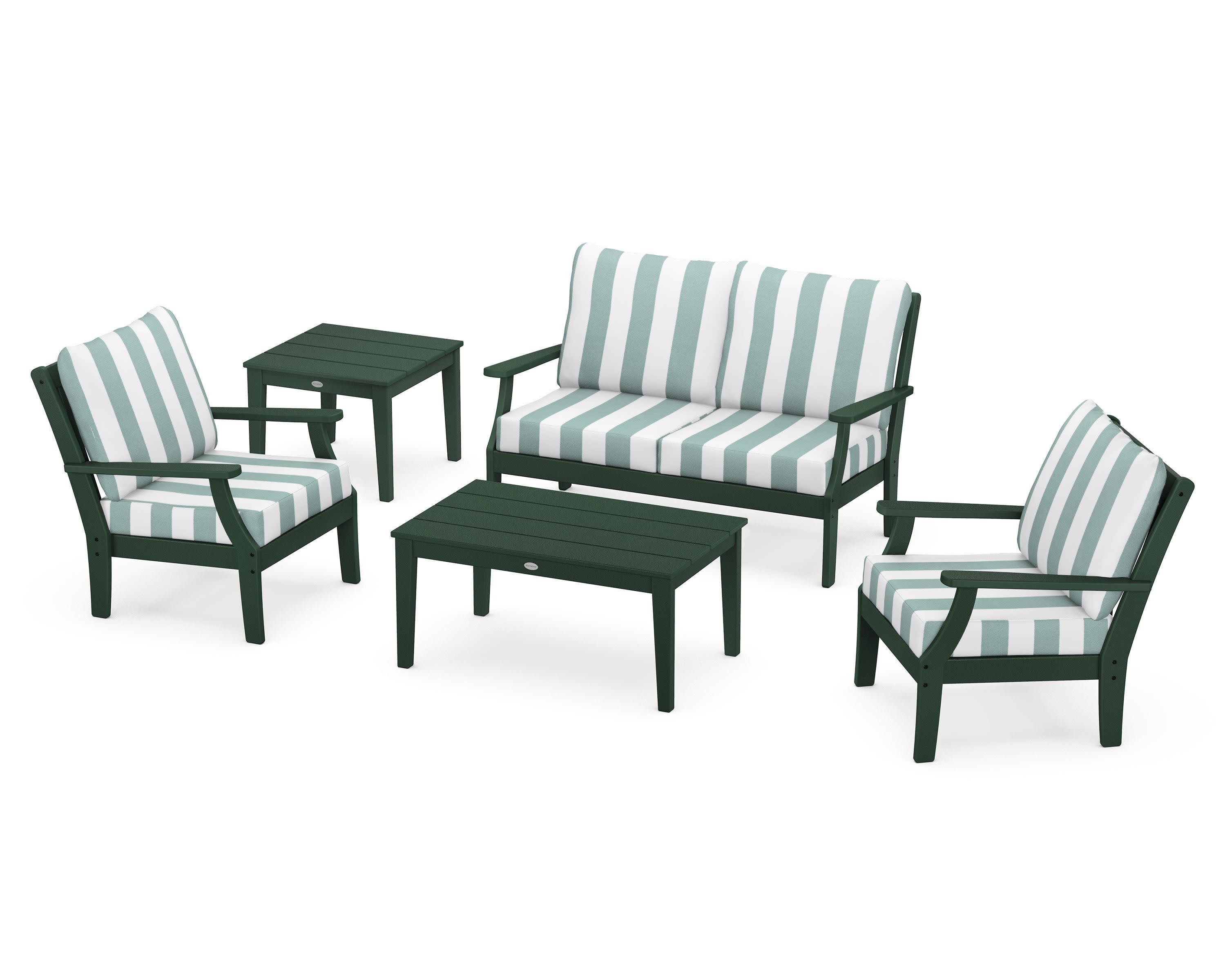 Braxton 5-Piece Deep Seating Set in Green / Cabana Stripe Glacier Spa