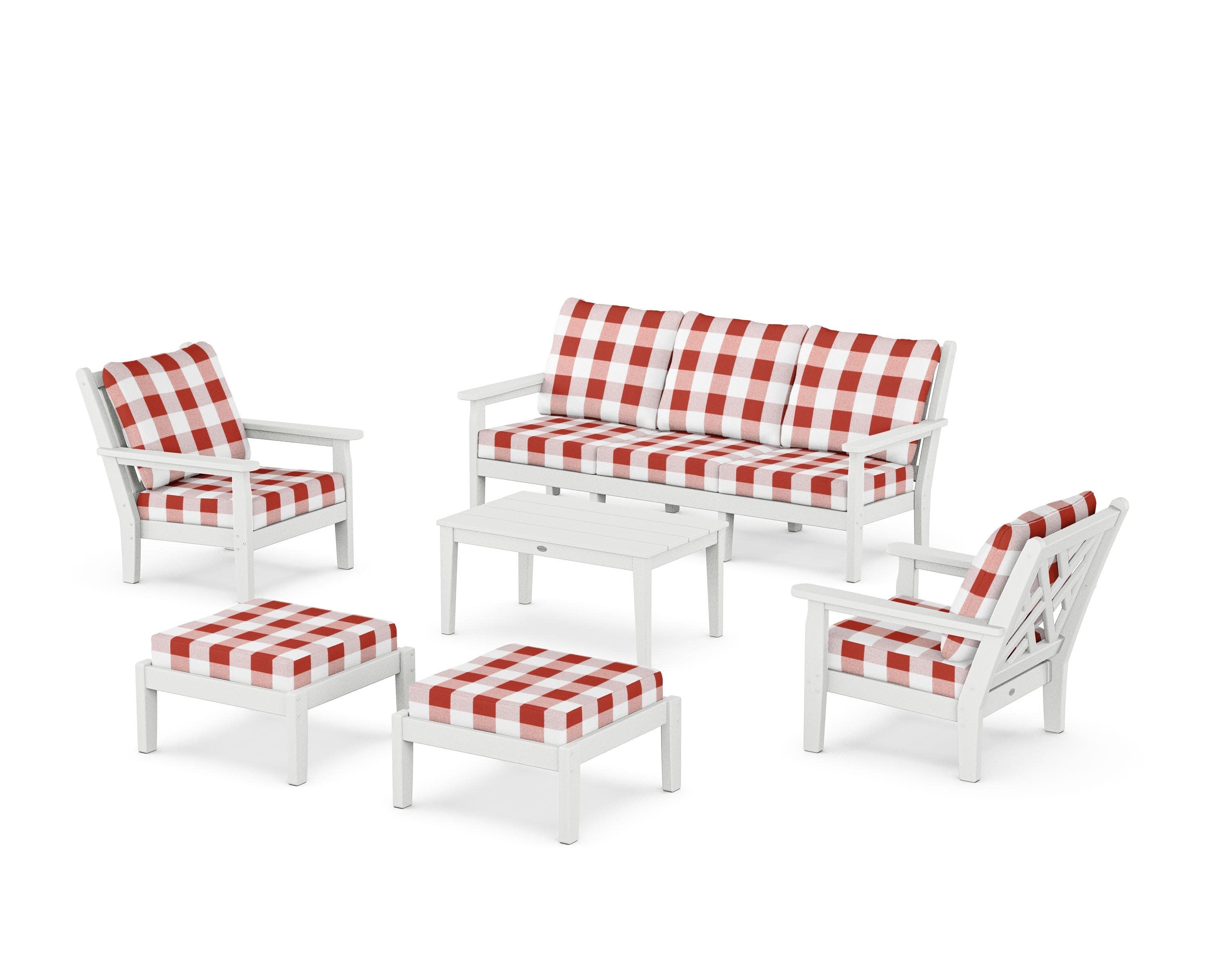 Chippendale 6-Piece Lounge Sofa Set in White / Buffalo Plaid Crimson