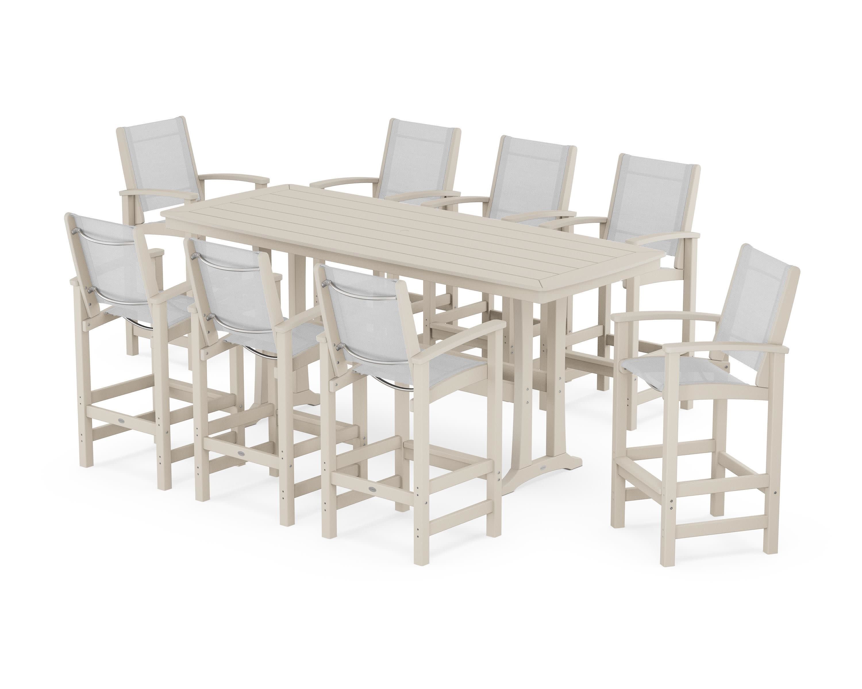 Coastal 9-Piece Bar Set with Trestle Legs in Sand / White Sling