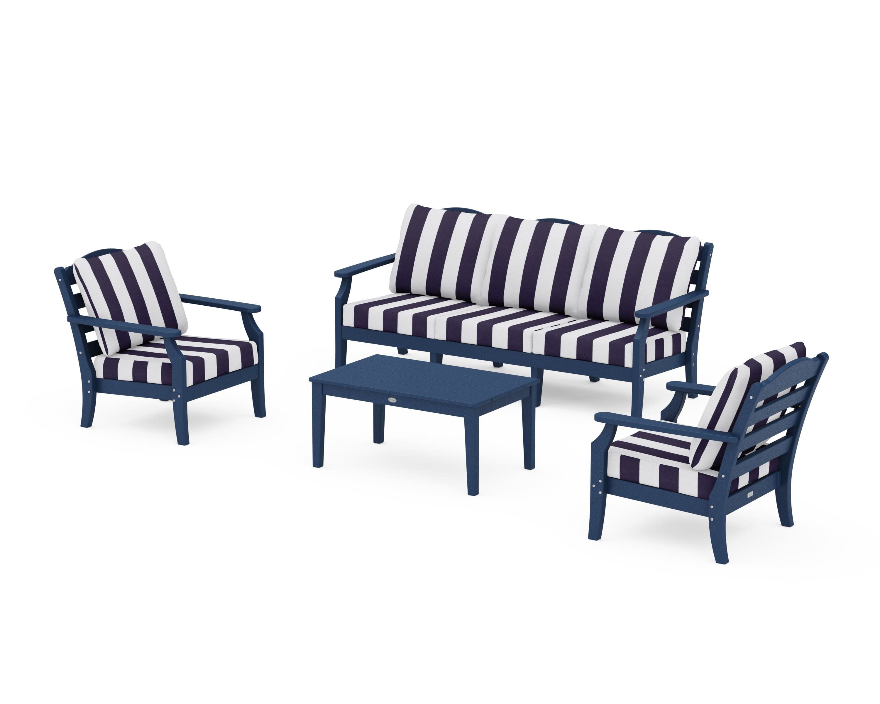 Savannah 4-Piece Deep Seating Set with Sofa in Navy / Cabana Stripe Navy