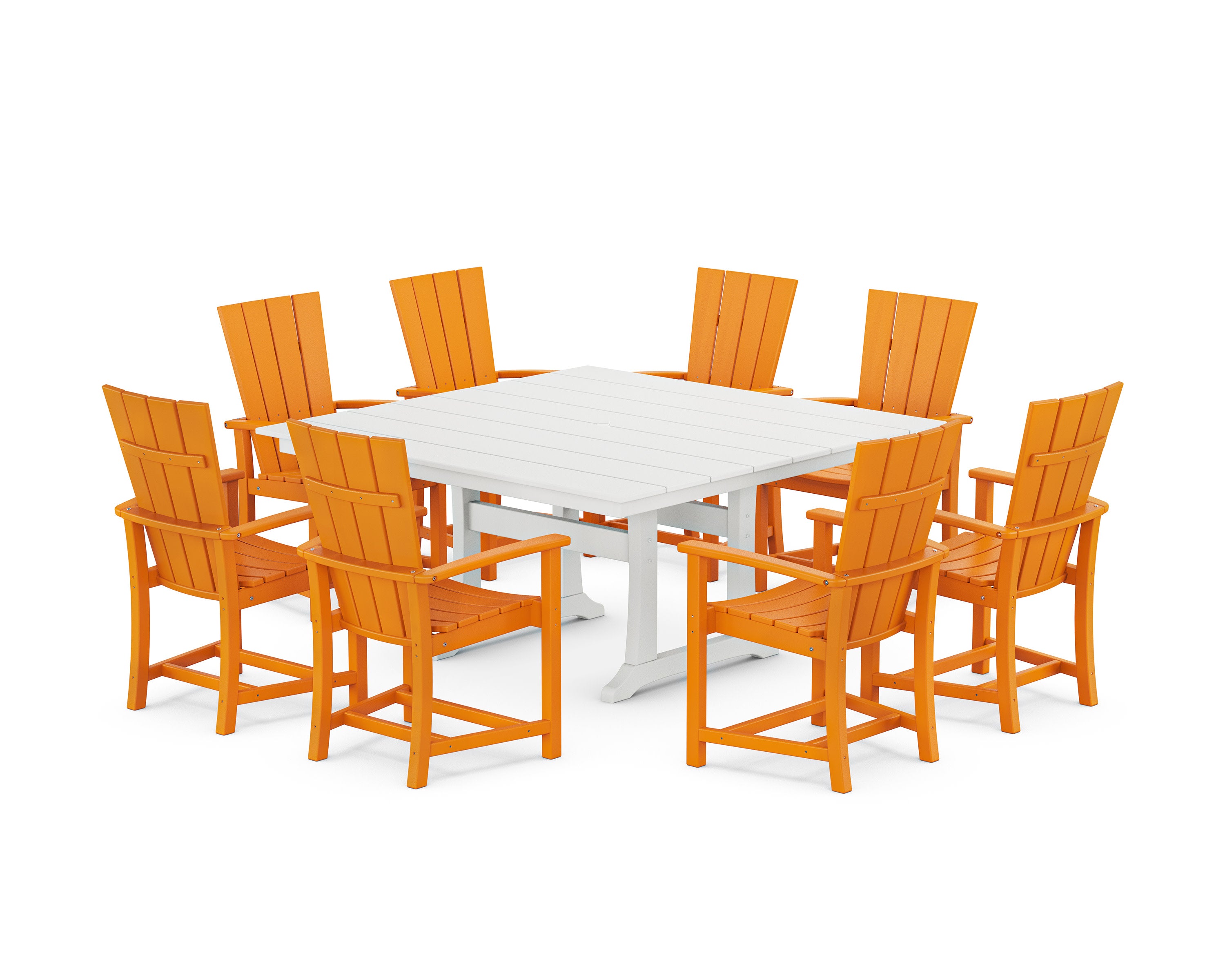 Quattro 9-Piece Square Farmhouse Dining Set with Trestle Legs in Tangerine / White