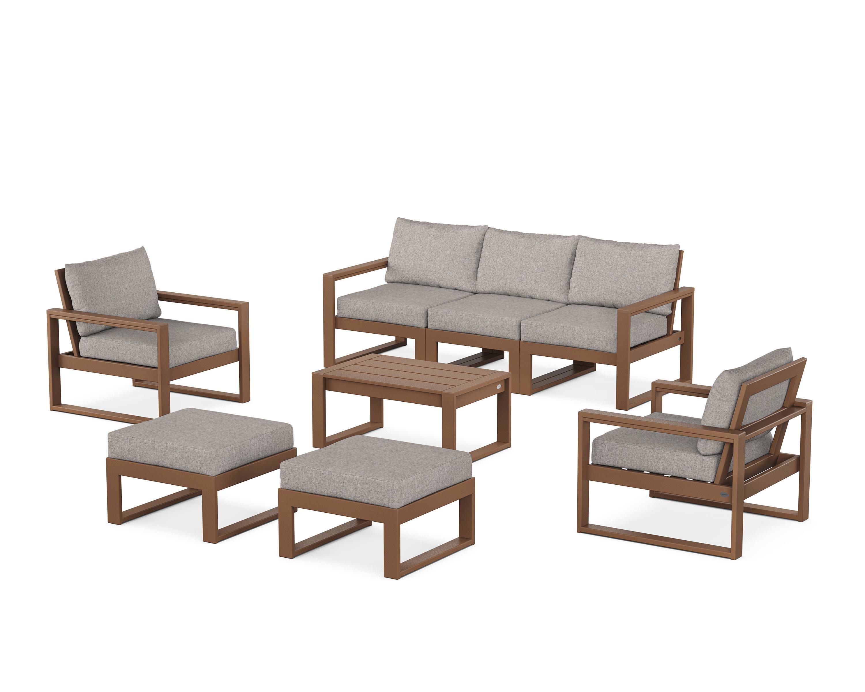 EDGE Sectional 8-Piece Lounge Sofa Set in Teak / Weathered Tweed