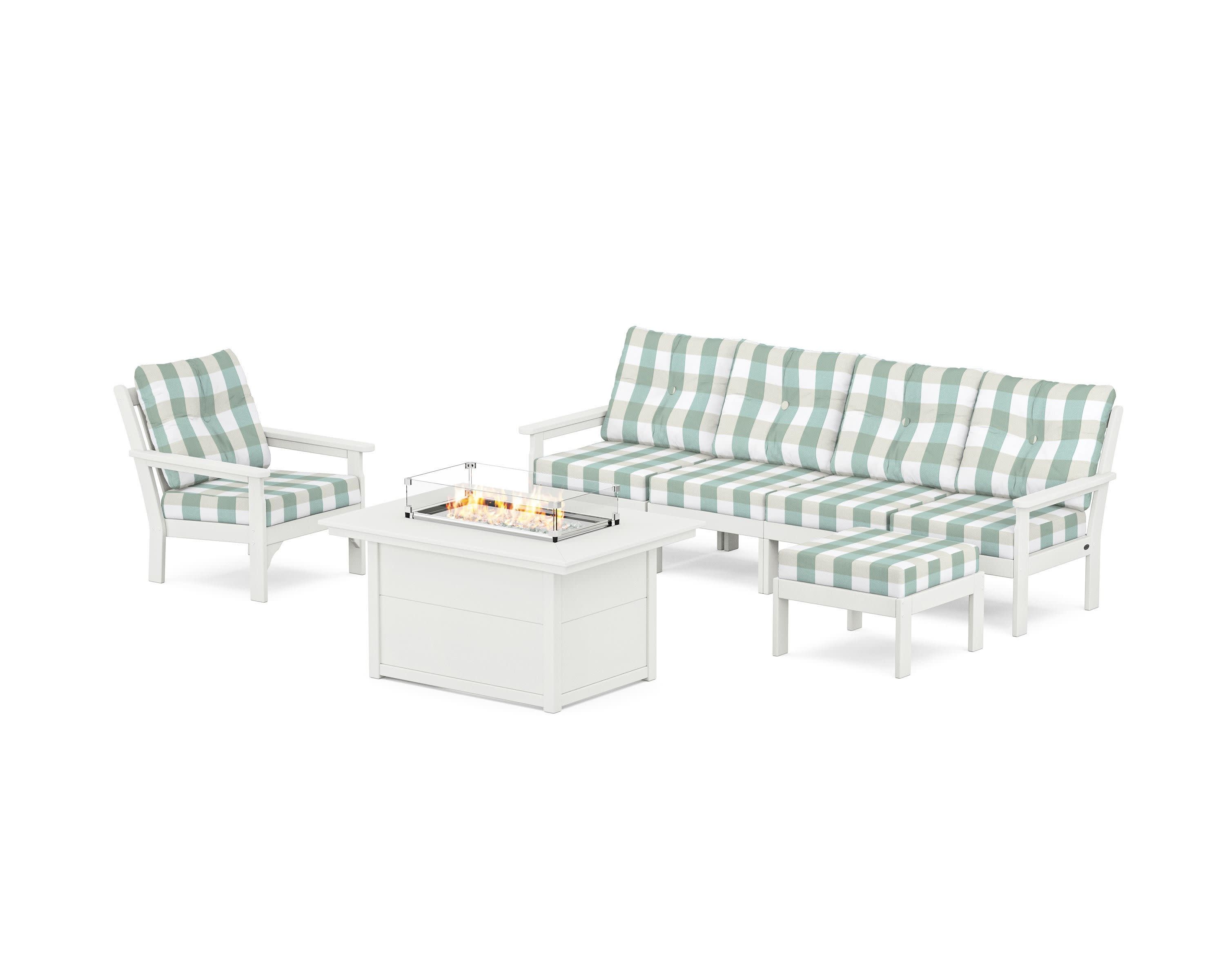 Vineyard Sectional Lounge and Fire Pit Set in Vintage White / Buffalo Plaid Glacier Spa