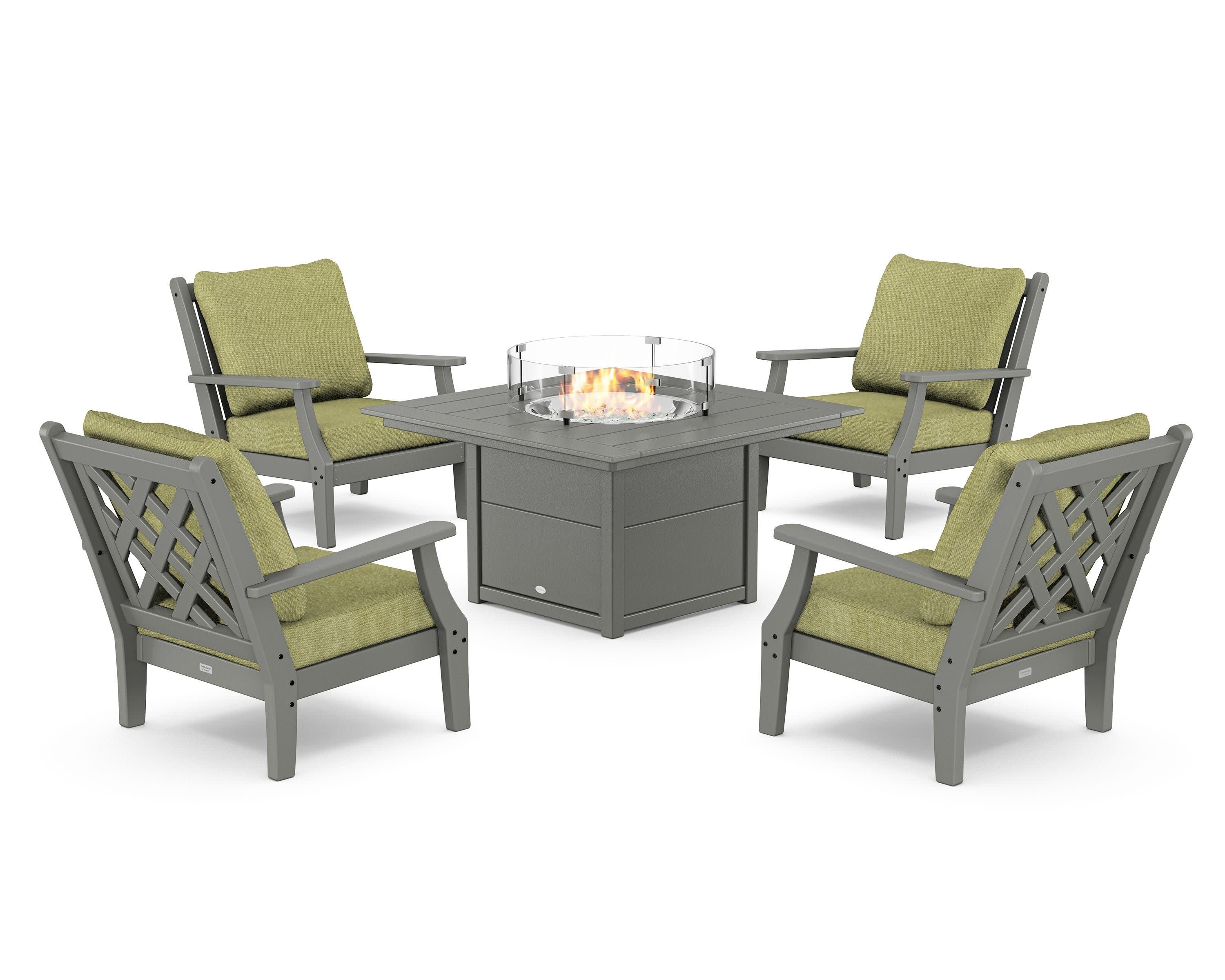 Wovendale 5-Piece Deep Seating Set with Fire Pit Table in Slate Grey / Chartreuse Boucle