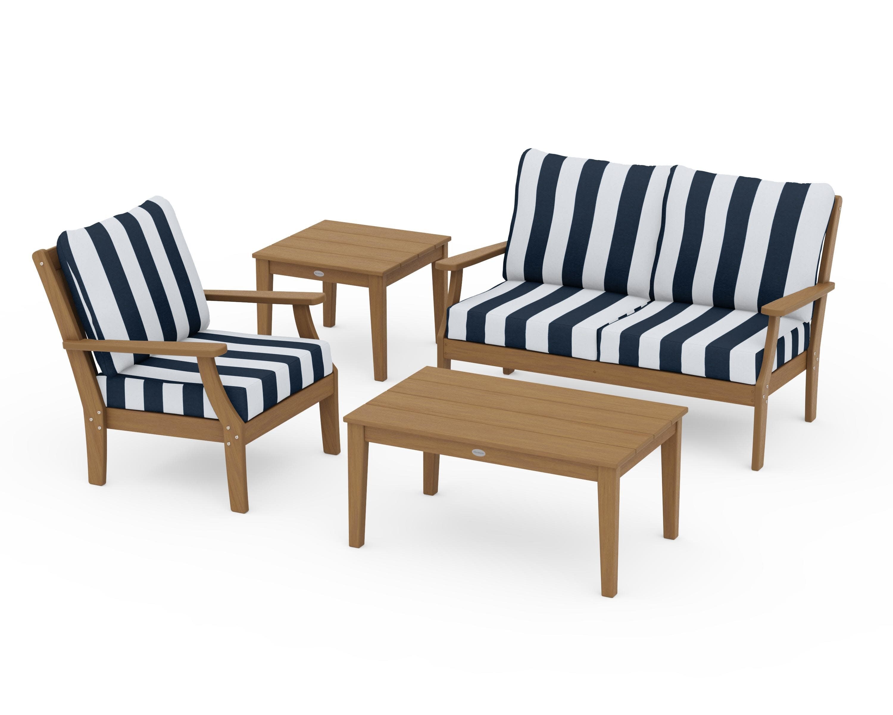 Braxton 4-Piece Deep Seating Set in Natural / Cabana Stripe Marine Indigo