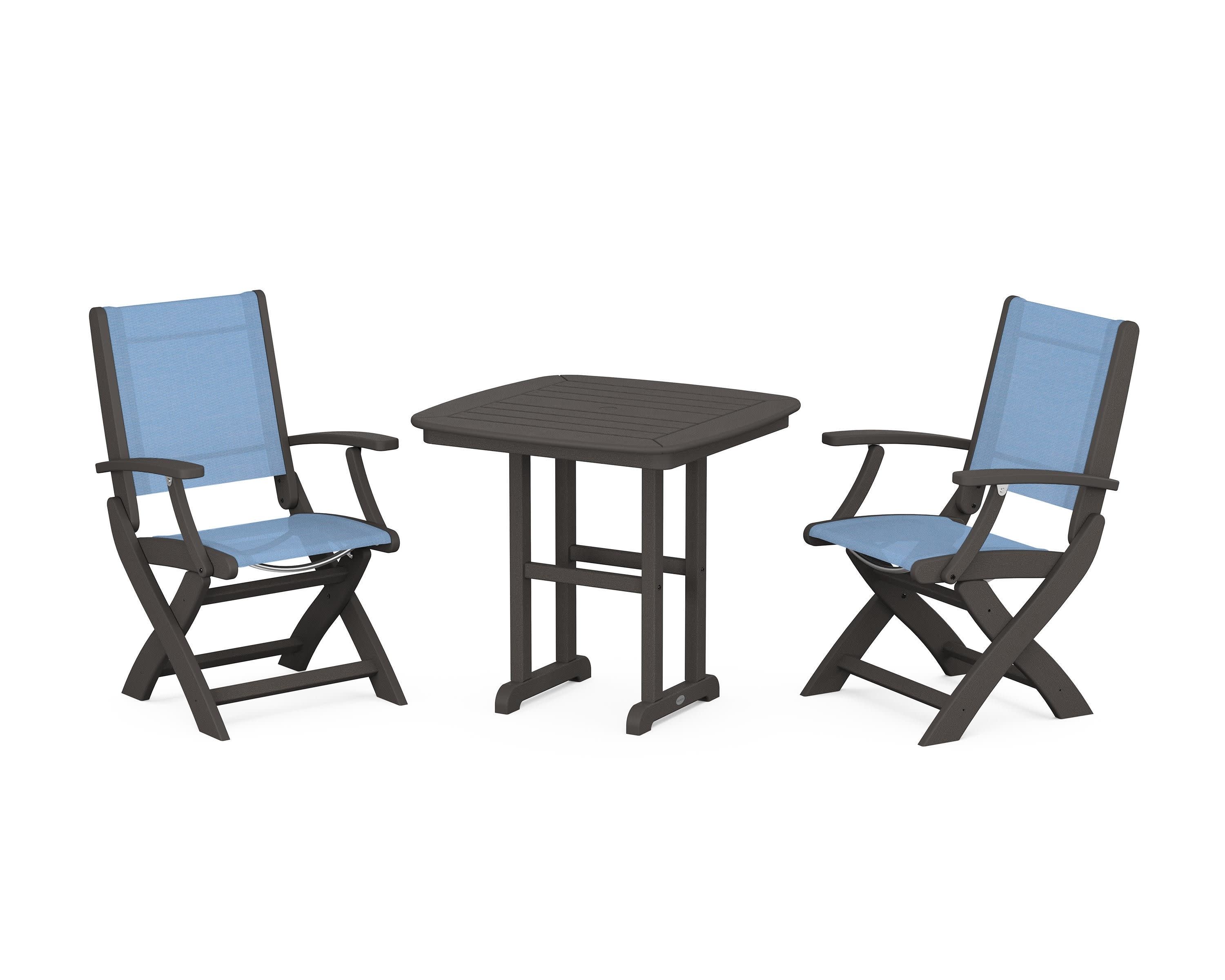 Coastal Folding Chair 3-Piece Dining Set in Vintage Coffee / Poolside Sling