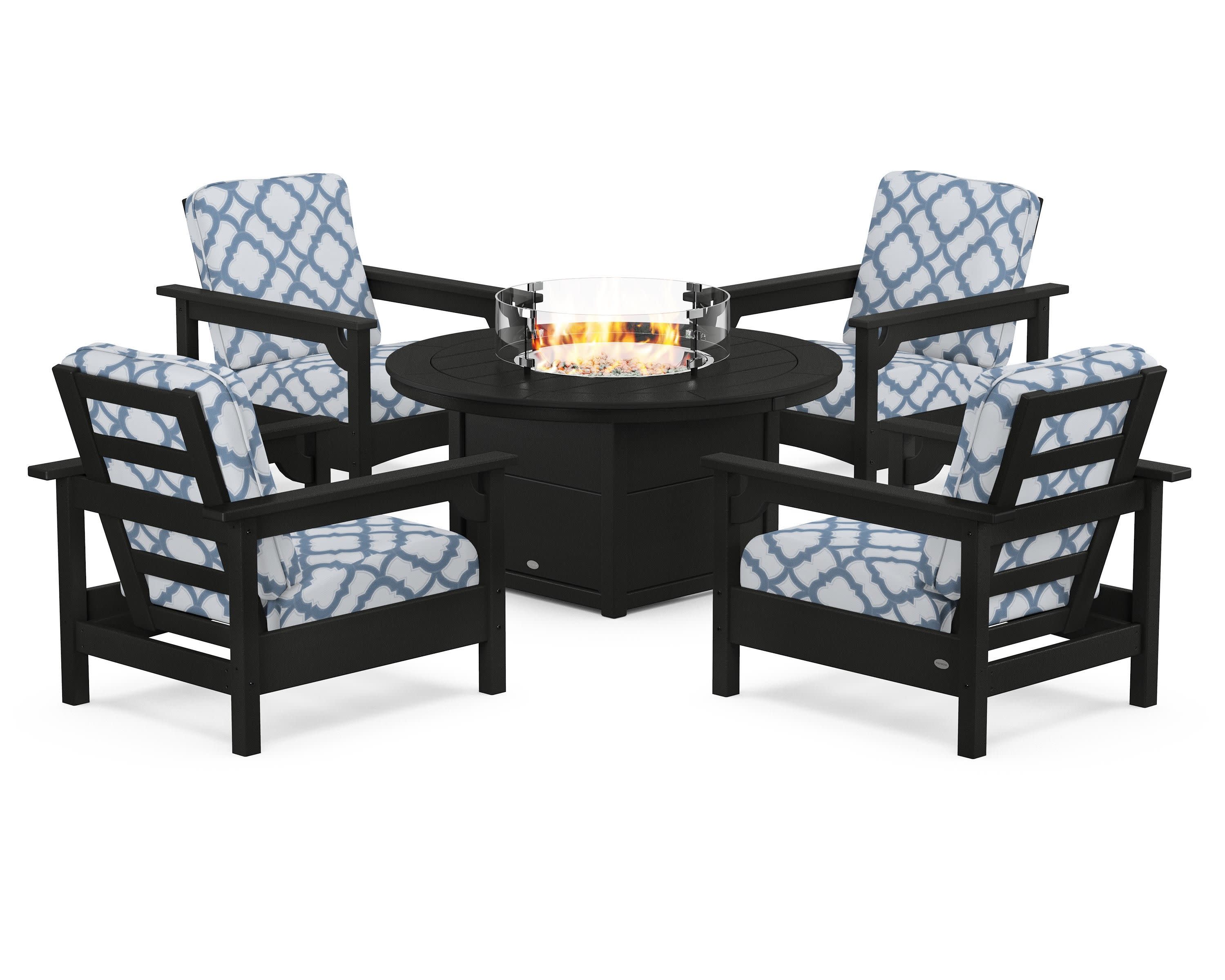 Club 5-Piece Conversation Set with Fire Pit Table in Black / Trellis Sky Blue