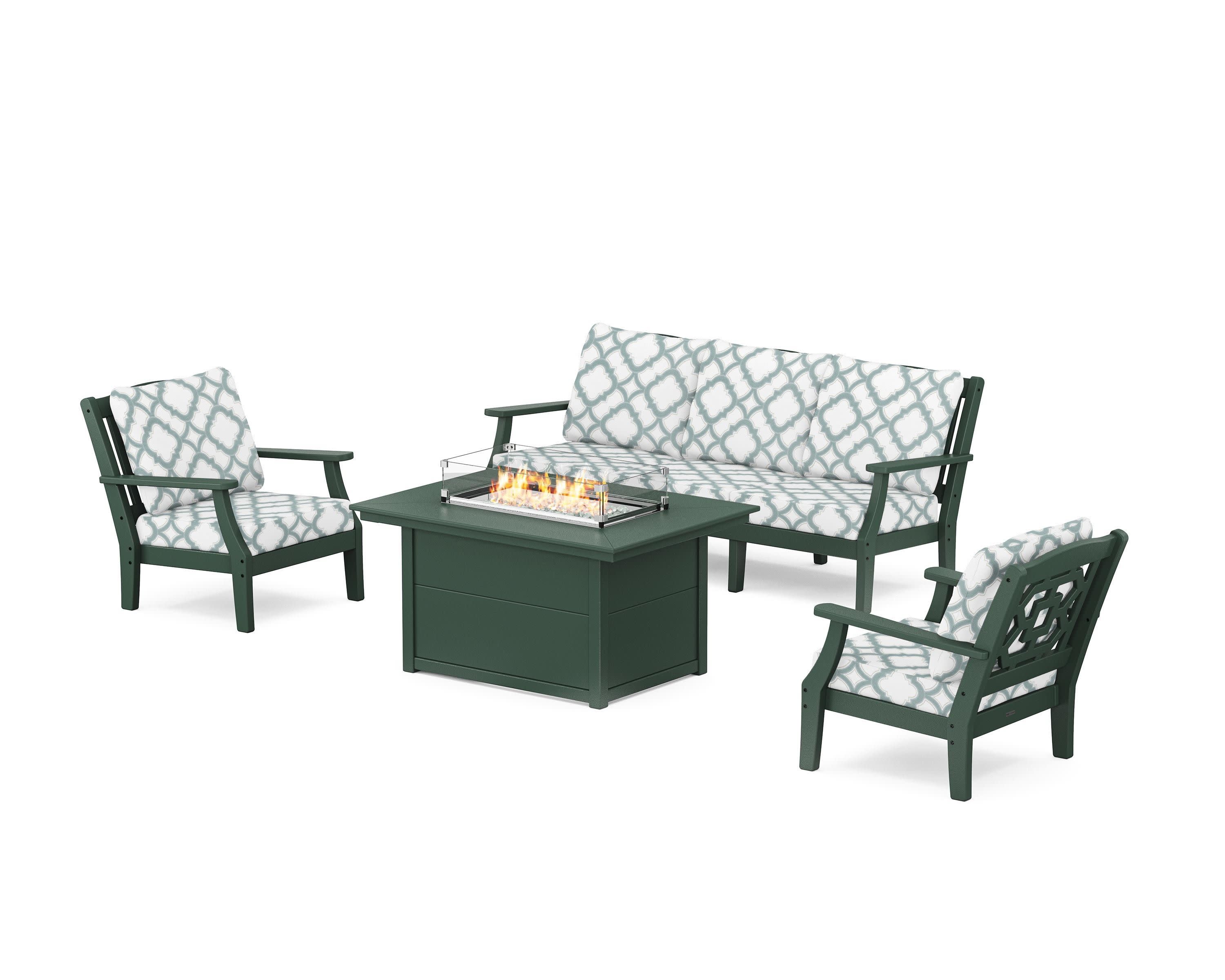 Chinoiserie Deep Seating Fire Pit Table Set in Green / Trellis Glacier Spa