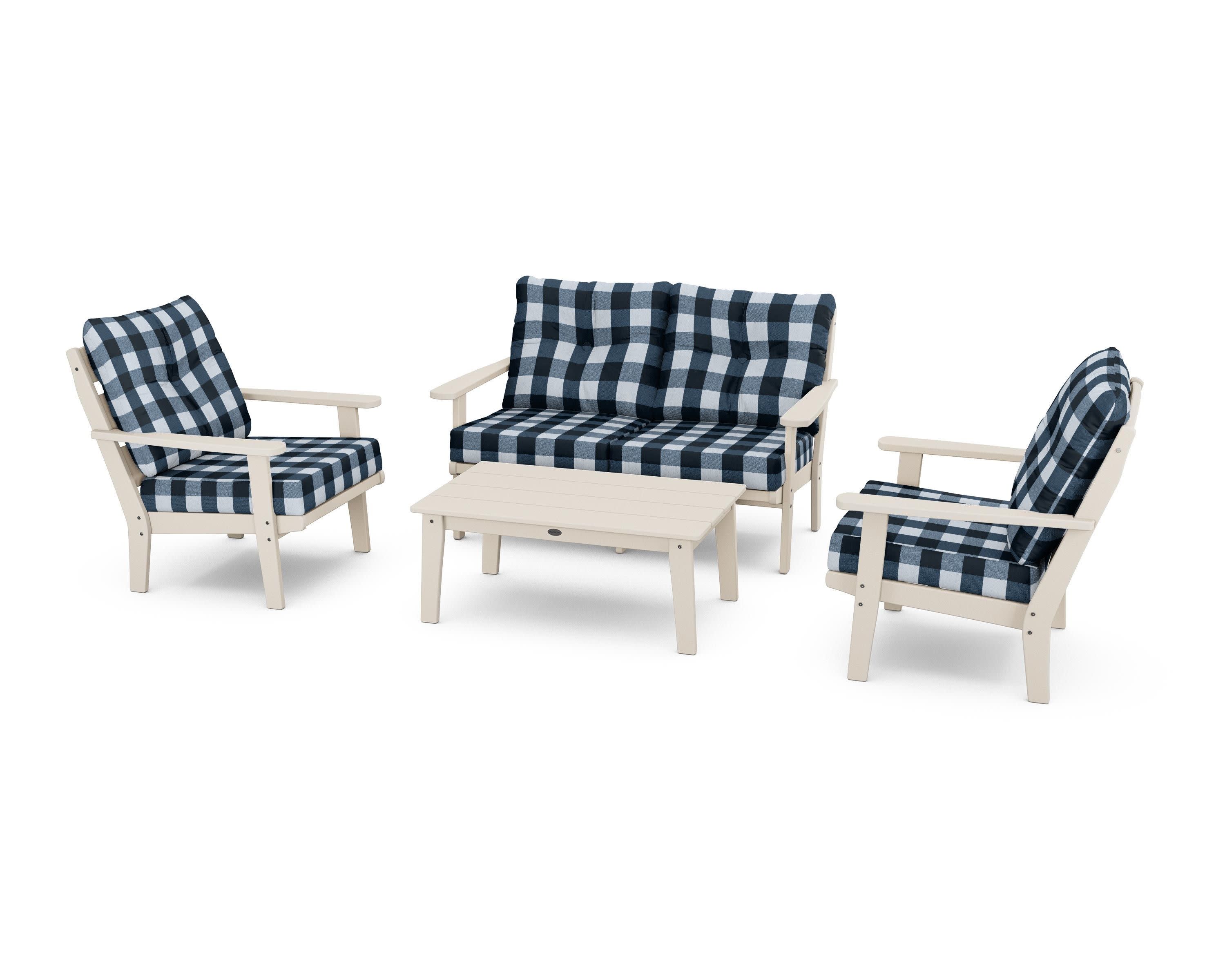 Lakeside 4-Piece Deep Seating Set in Sand / Buffalo Plaid Marine Indigo