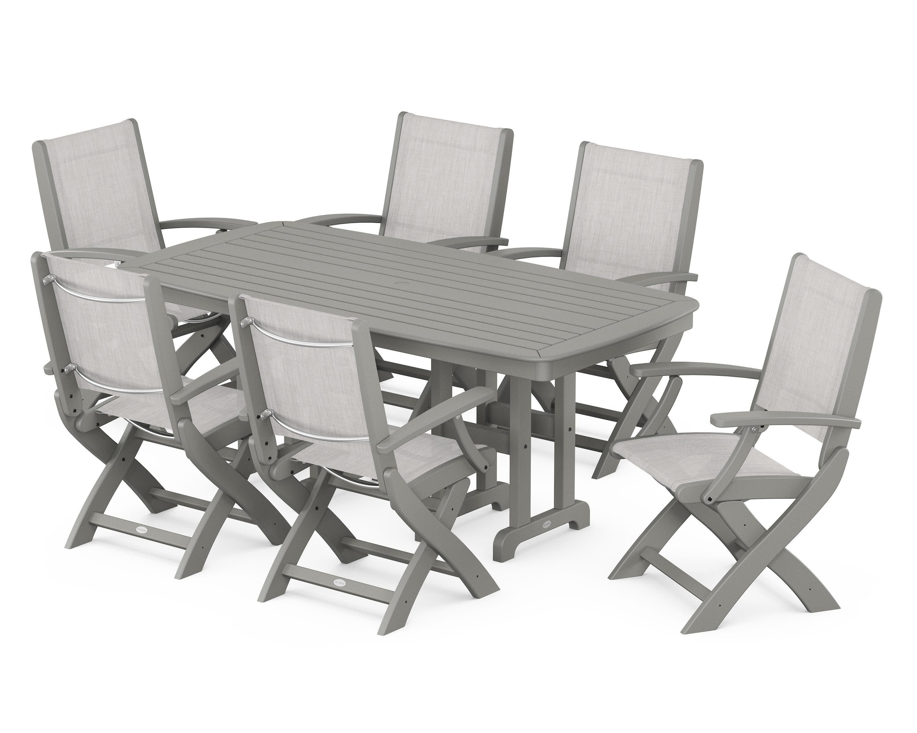 Coastal Folding Arm Chair 7-Piece Dining Set in Slate Grey / Parchment Sling