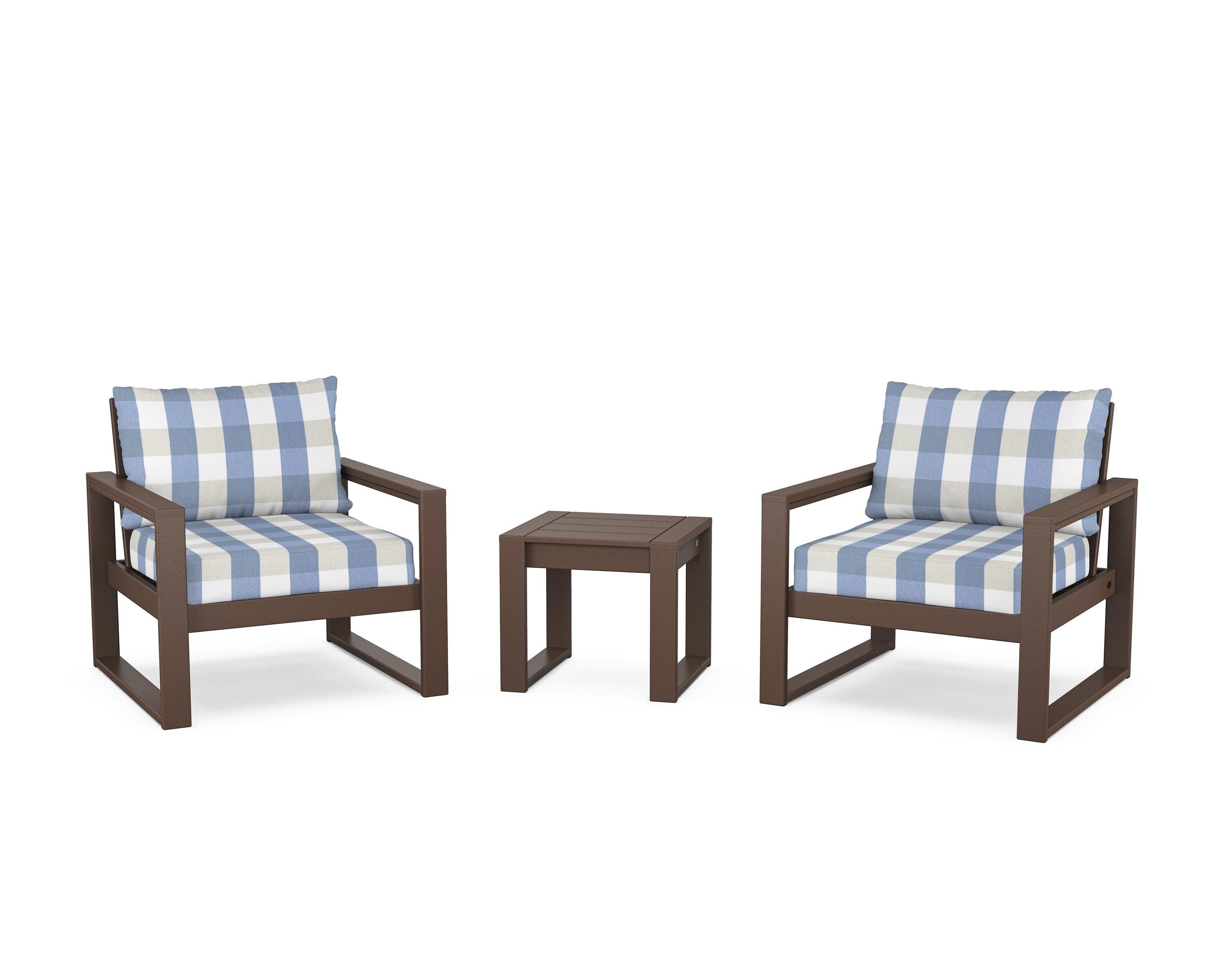 EDGE Sectional 3-Piece Deep Seating Set in Mahogany / Buffalo Plaid Sky Blue