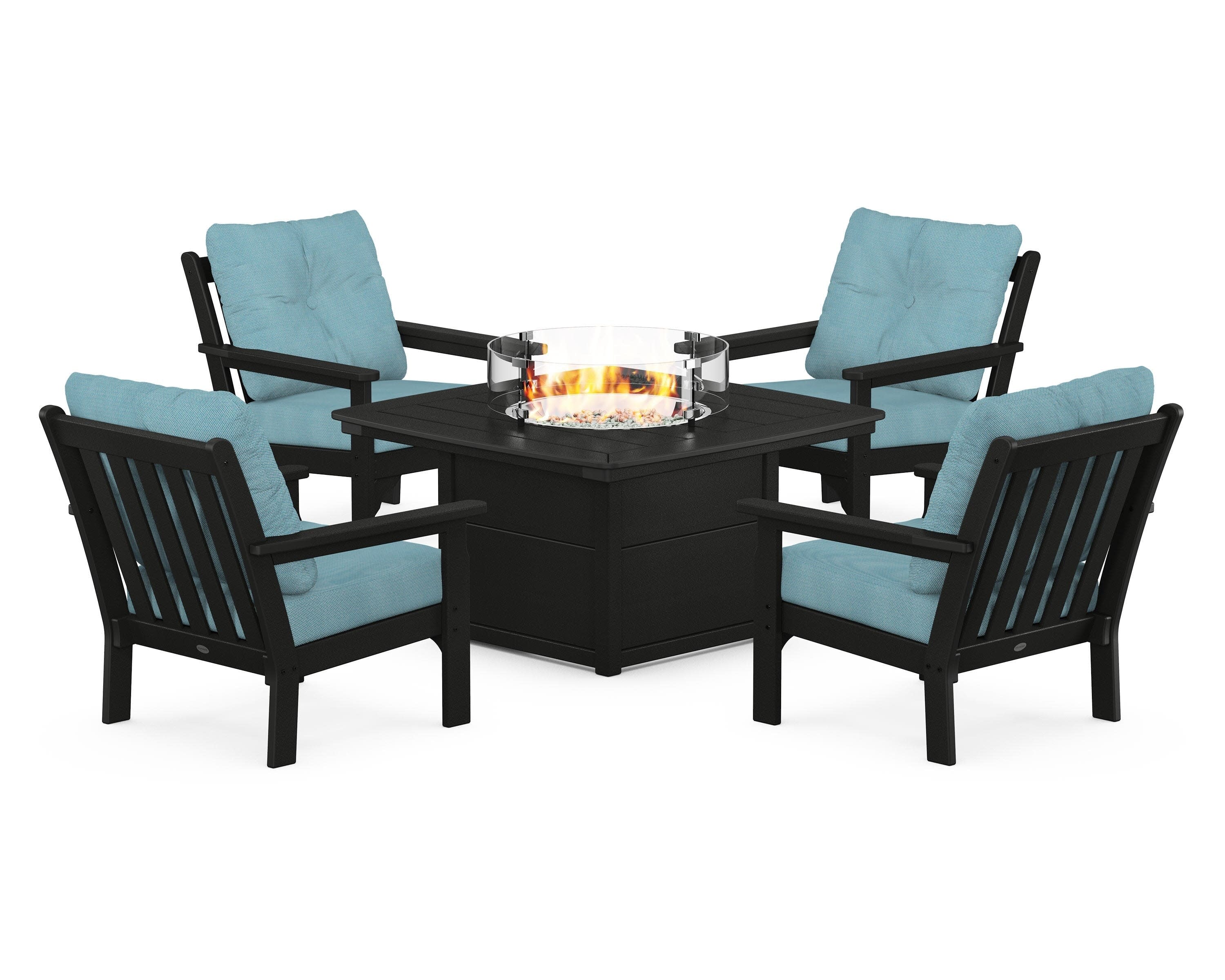 Vineyard 5-Piece Conversation Set with Fire Pit Table in Black / Lattice Sky Blue