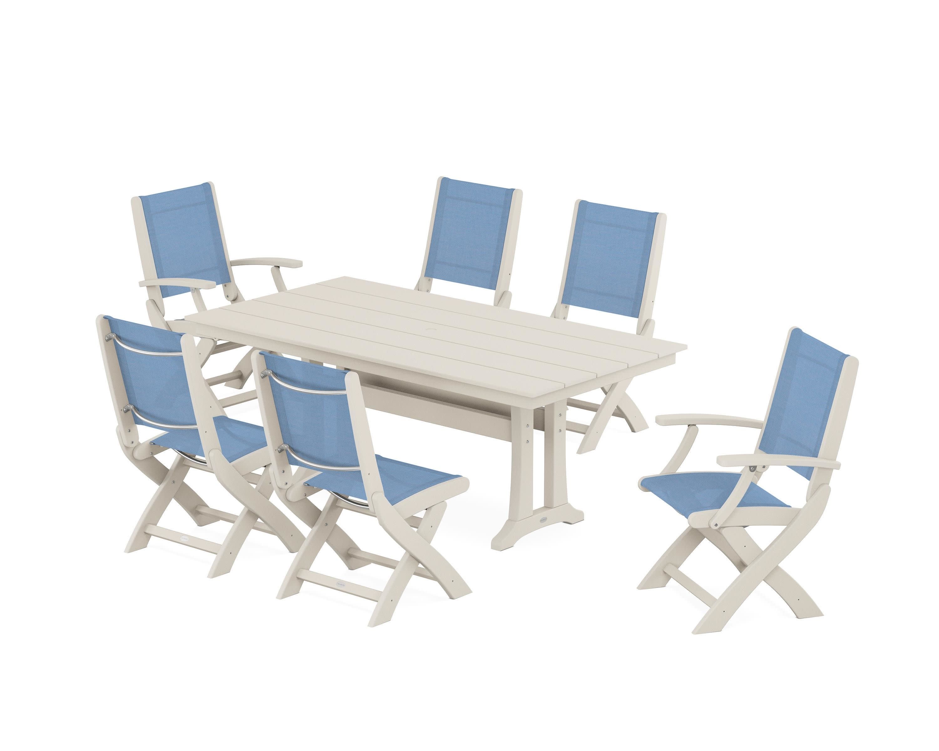 Coastal Folding Chair 7-Piece Farmhouse Dining Set with Trestle Legs in Sand / Poolside Sling
