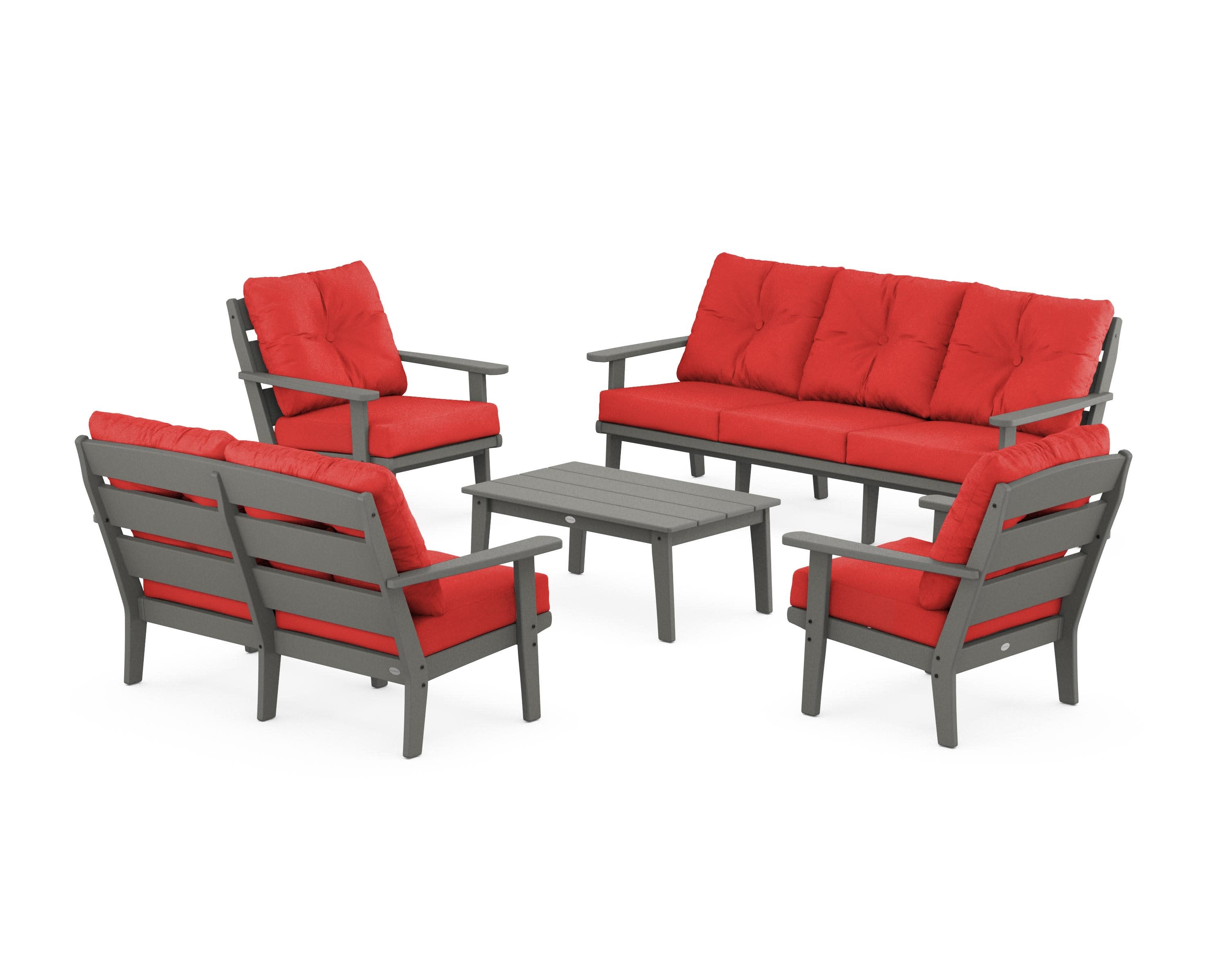 Lakeside 5-Piece Lounge Sofa Set in Slate Grey / Crimson Linen