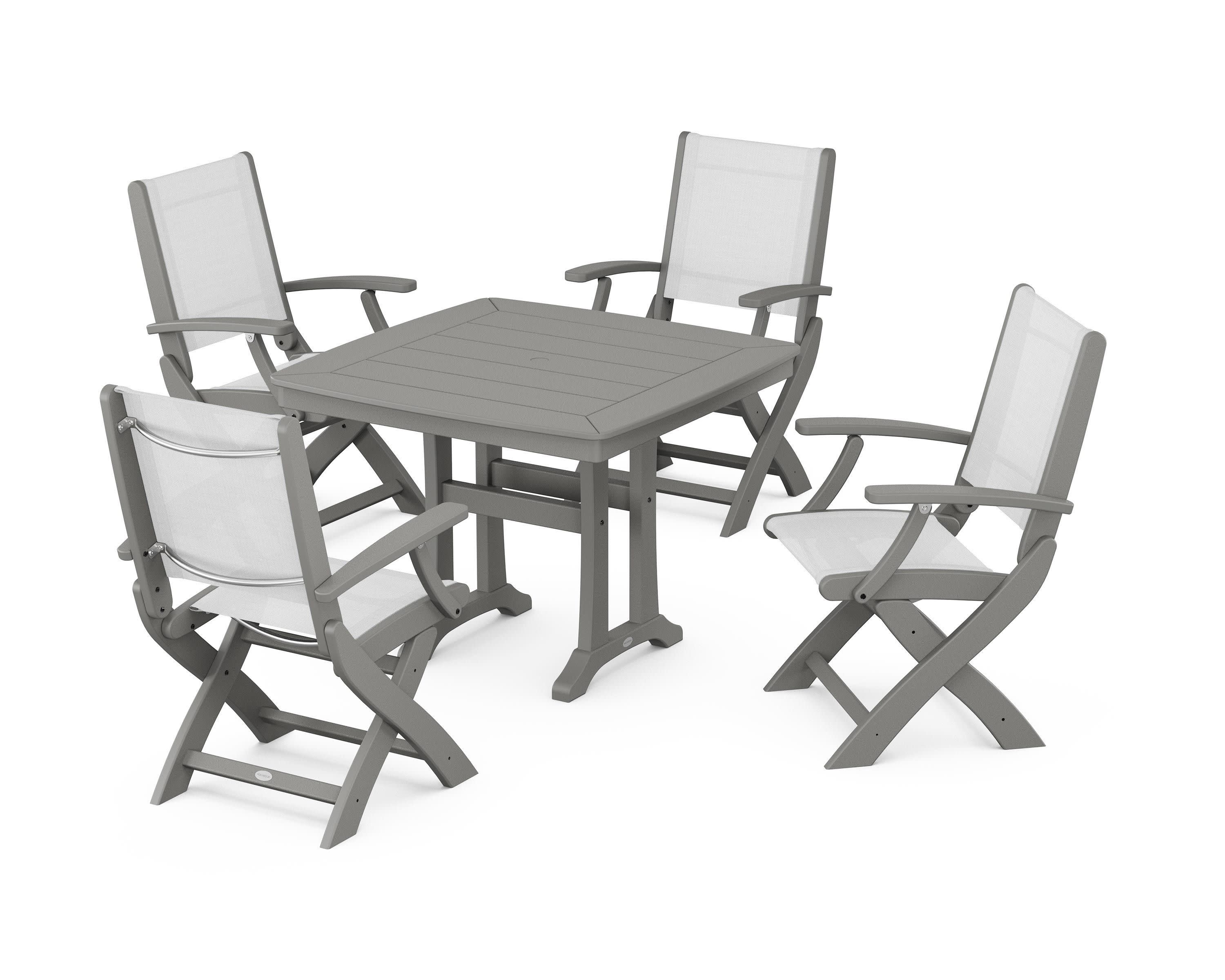 Coastal Folding Chair 5-Piece Dining Set with Trestle Legs in Slate Grey / White Sling