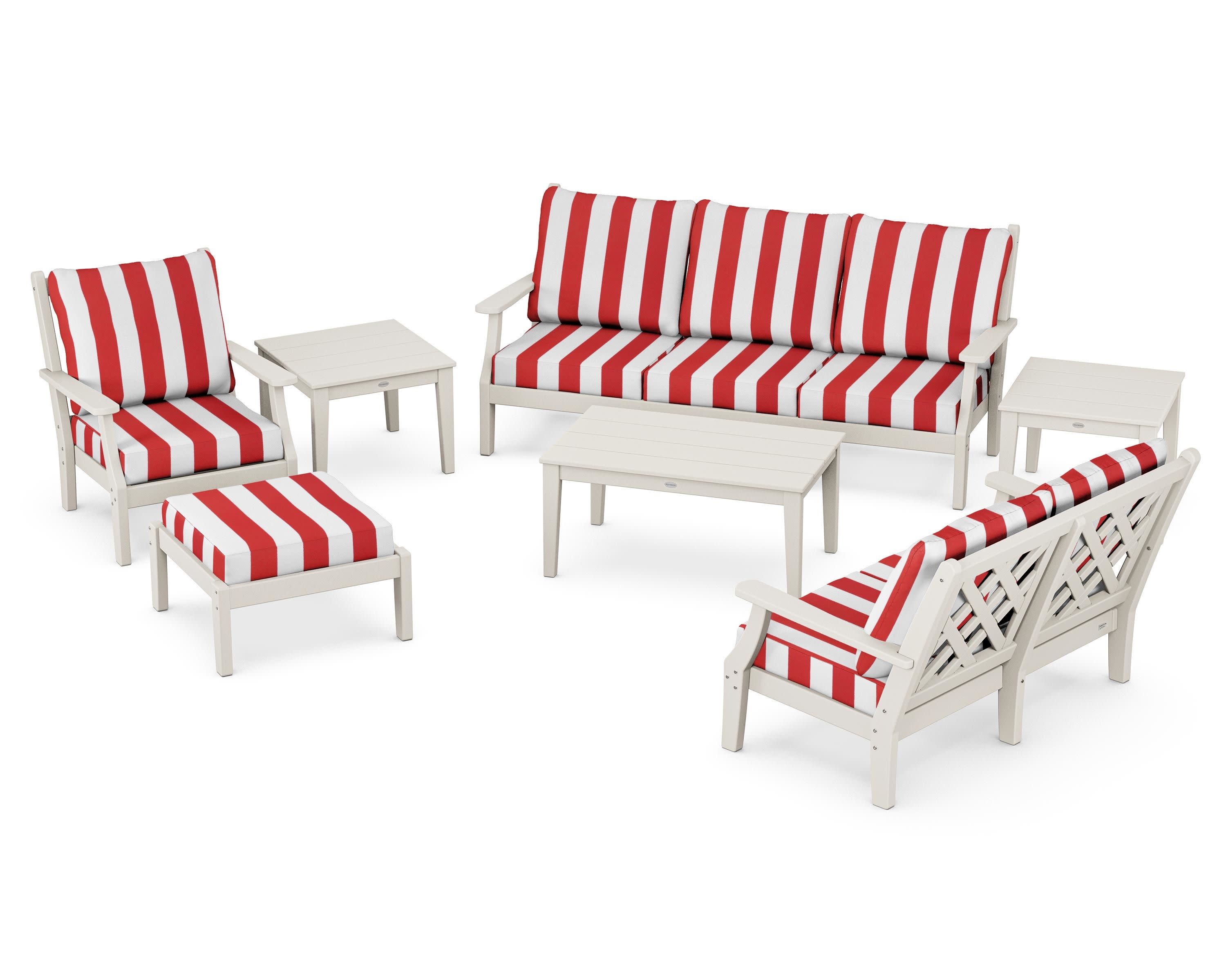 Wovendale 7-Piece Deep Seating Set in Sand / Cabana Stripe Crimson