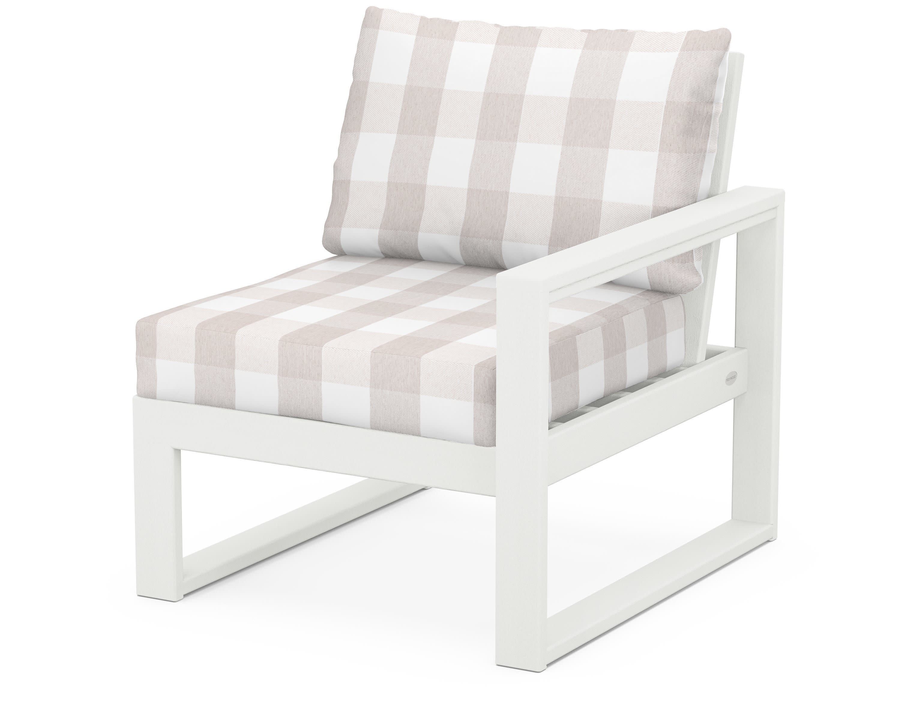 EDGE Modular Right Arm Chair in Vintage White / Buffalo Plaid Dune Burlap