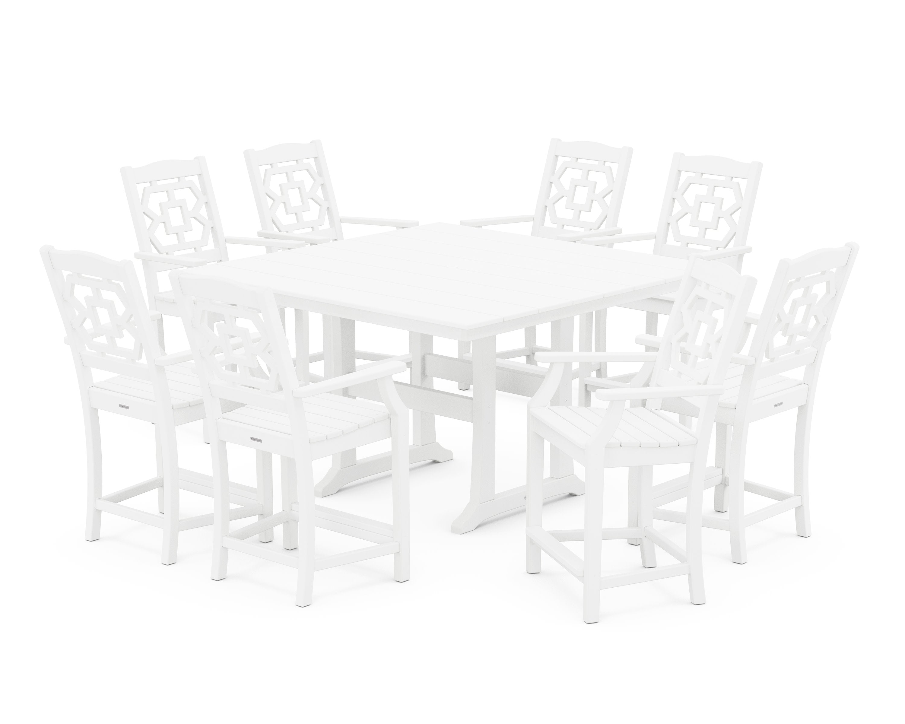 Chinoiserie 9-Piece Square Farmhouse Counter Set with Trestle Legs in White