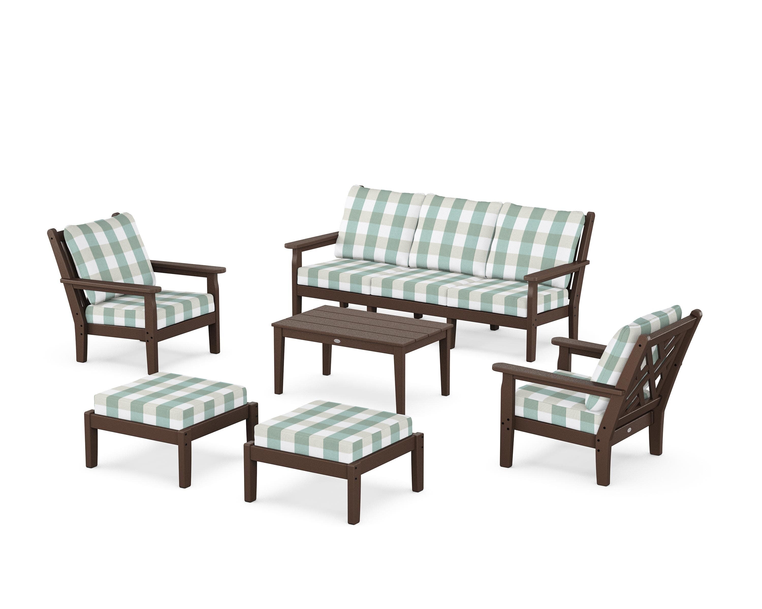 Chippendale 6-Piece Lounge Sofa Set in Mahogany / Buffalo Plaid Glacier Spa
