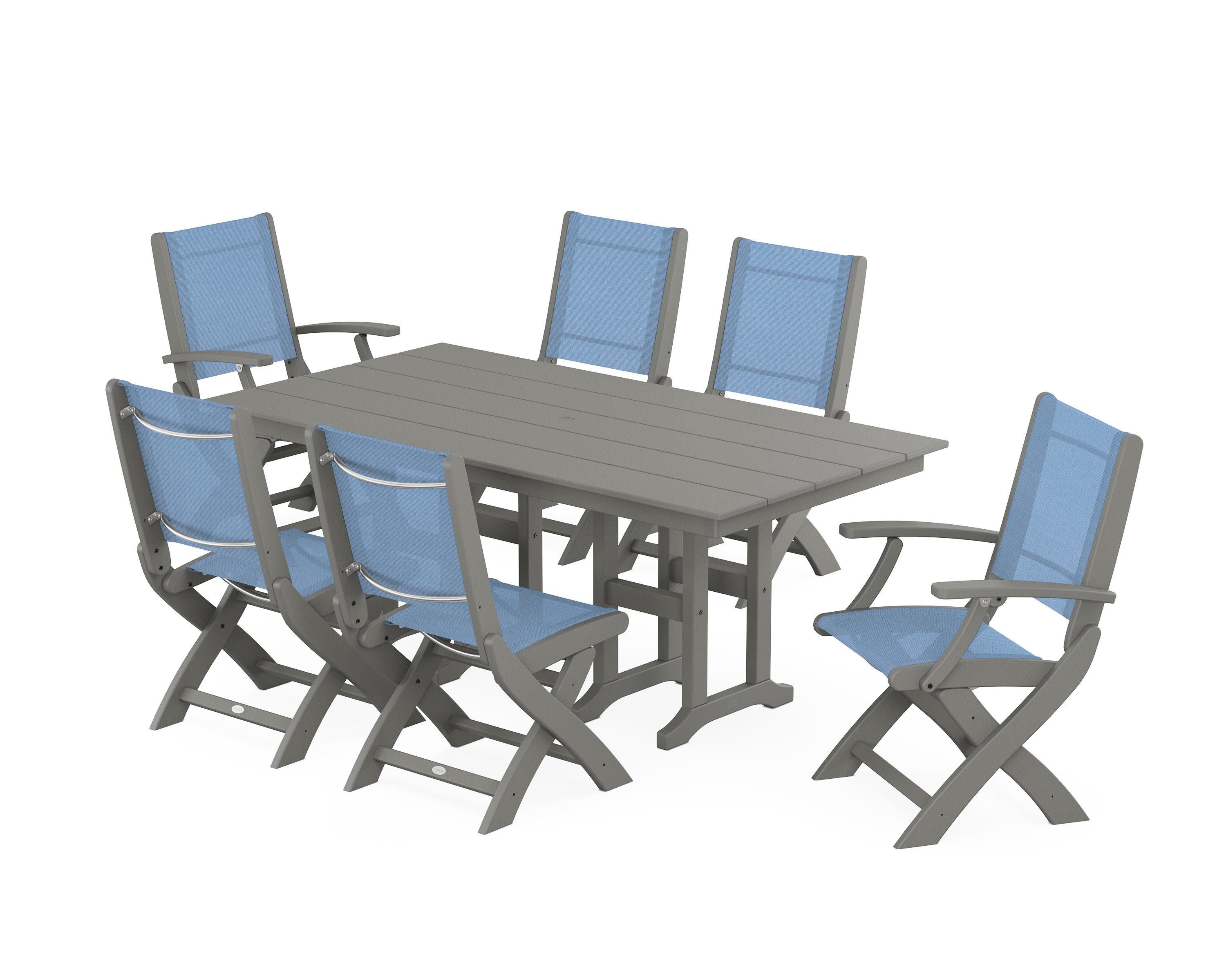 Coastal Folding Chair 7-Piece Farmhouse Dining Set in Slate Grey / Poolside Sling