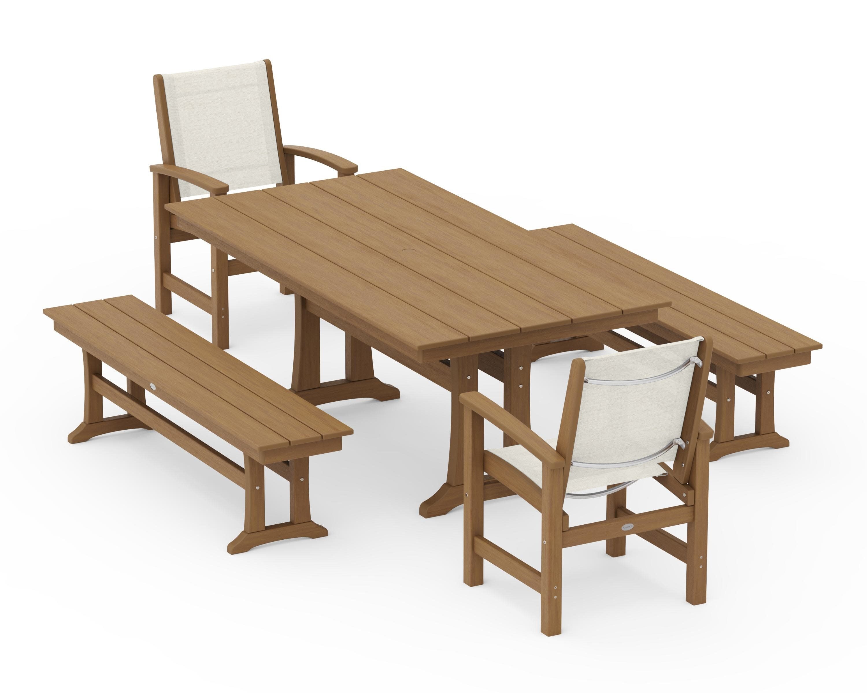 Coastal 5-Piece Farmhouse Dining Set with Trestle Legs and Benches in Natural / Parchment Sling
