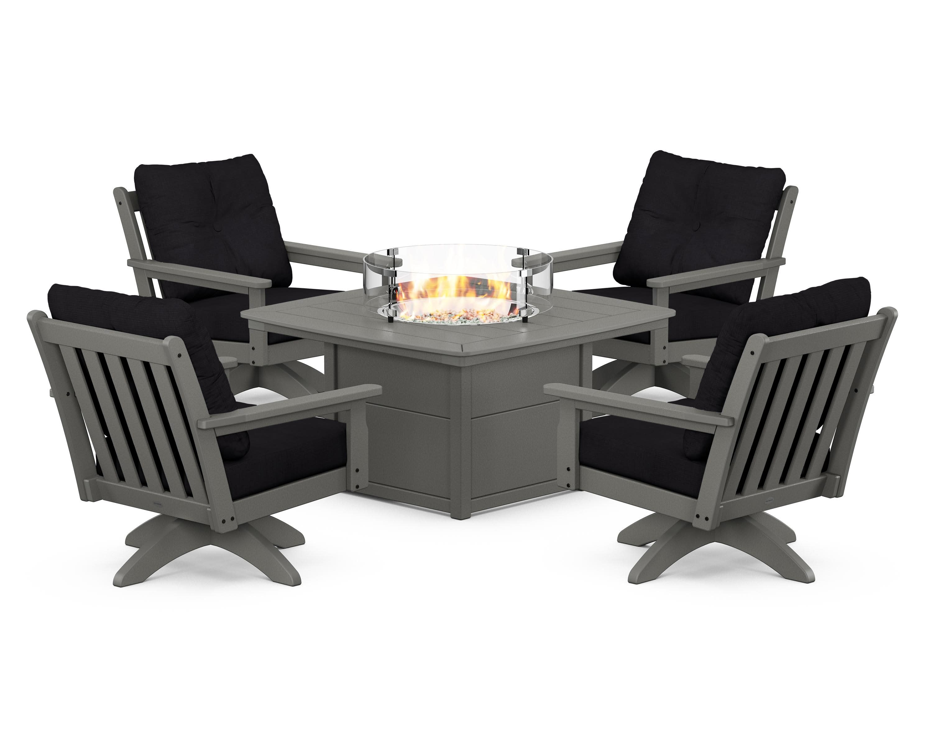 Vineyard 5-Piece Deep Seating Swivel Conversation Set with Fire Pit Table in Slate Grey / Midnight Linen