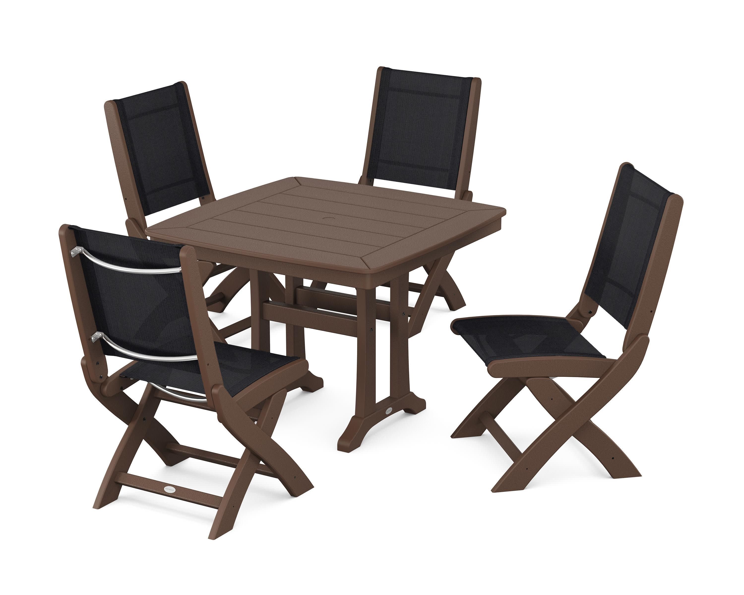 Coastal Folding Side Chair 5-Piece Dining Set with Trestle Legs in Mahogany / Black Sling
