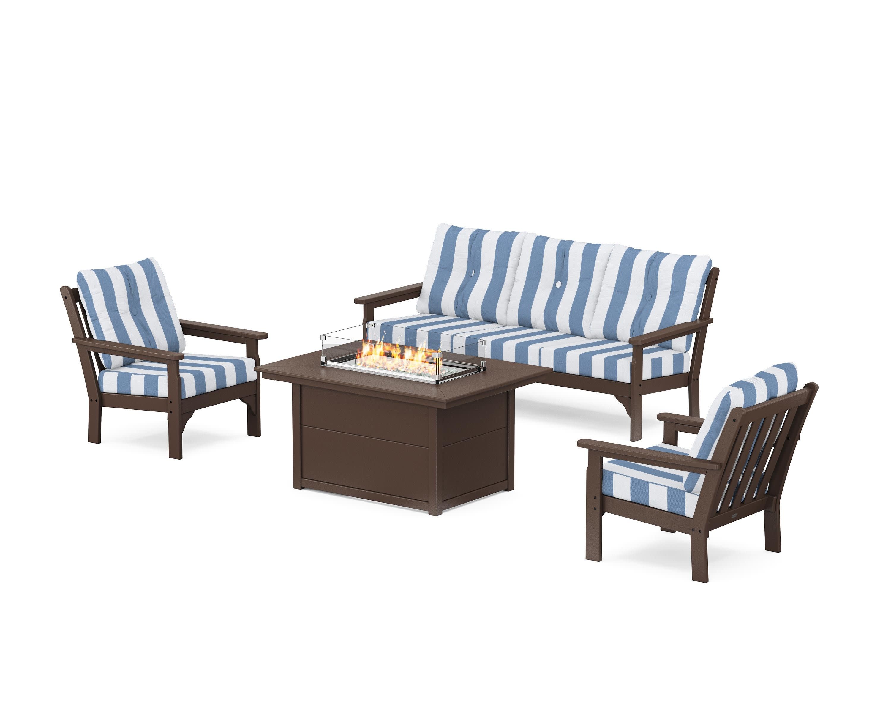 Vineyard Deep Seating Fire Pit Table Set in Mahogany / Cabana Stripe Sky Blue