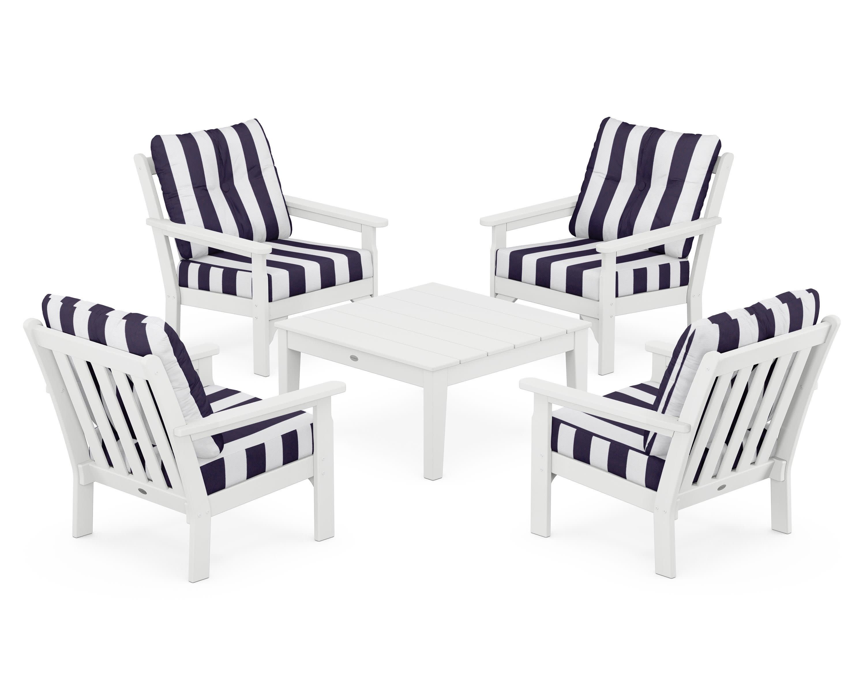 Vineyard 5-Piece Deep Seating Conversation Set in White / Cabana Stripe Navy