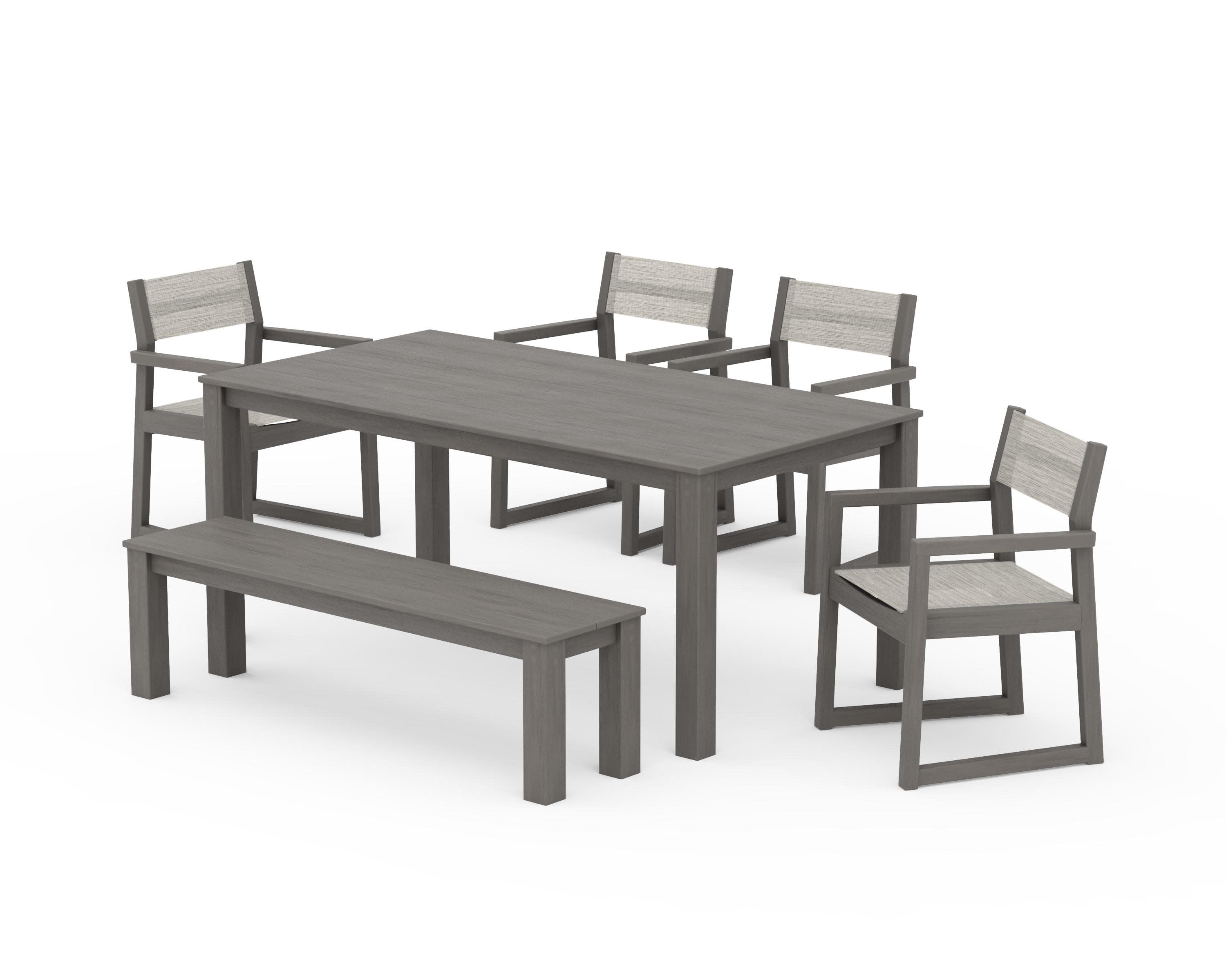 EDGE Sling Arm Chair 6-Piece Parsons Dining Set with Bench in Driftwood / Birch Sling