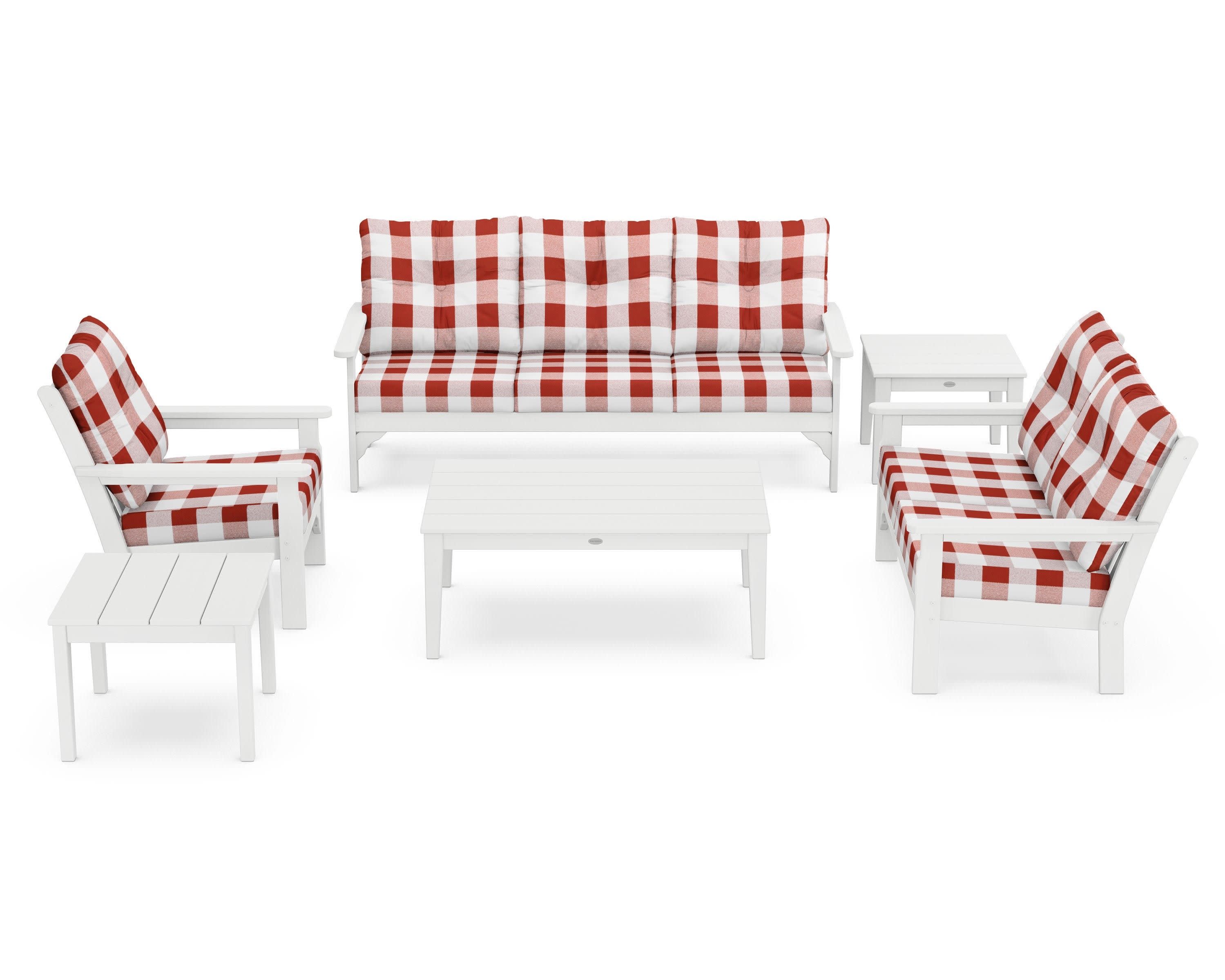 Vineyard 6-Piece Deep Seating Set in White / Buffalo Plaid Crimson