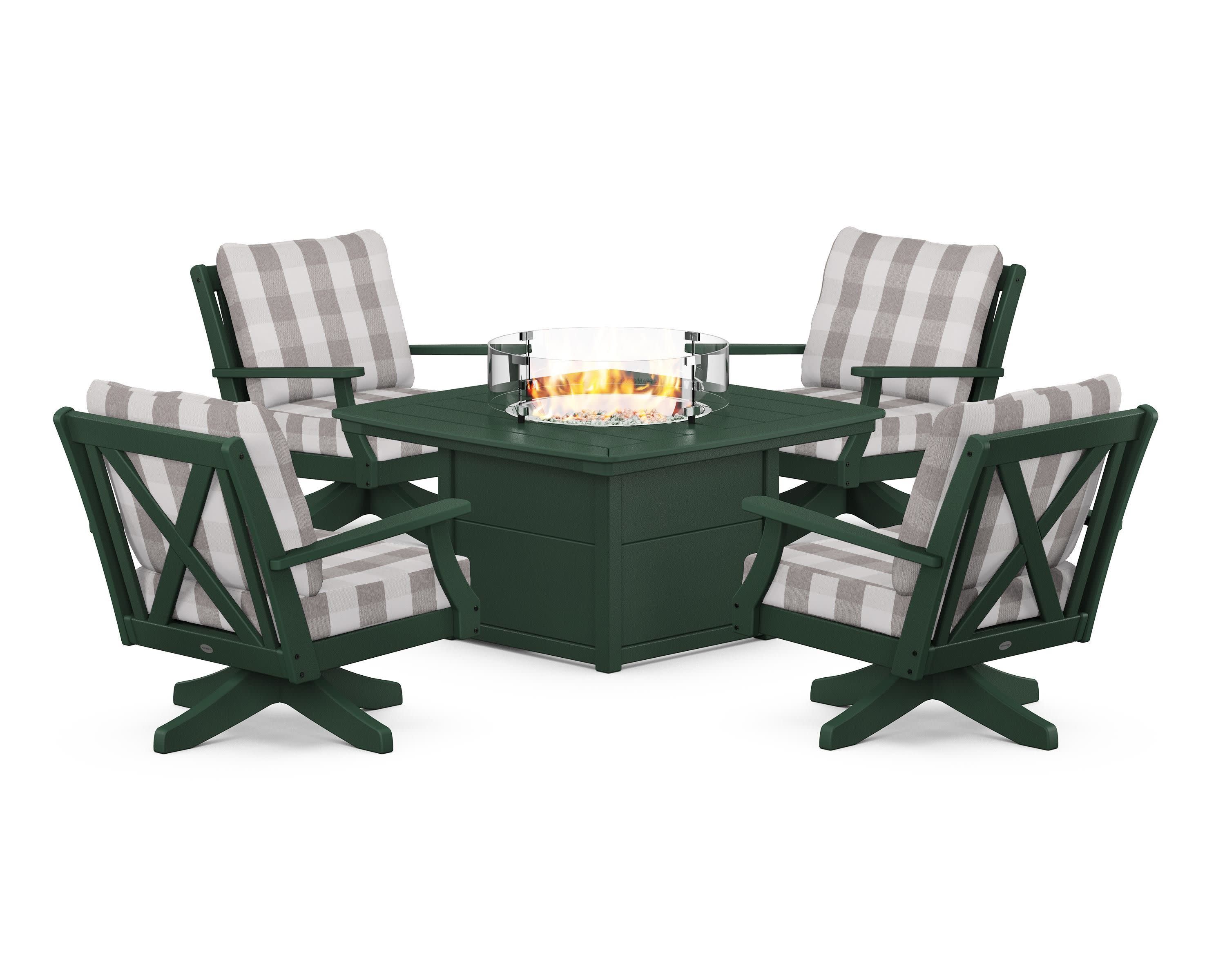 Braxton 5-Piece Deep Seating Swivel Conversation Set with Fire Pit Table in Green / Buffalo Plaid Grey Mist
