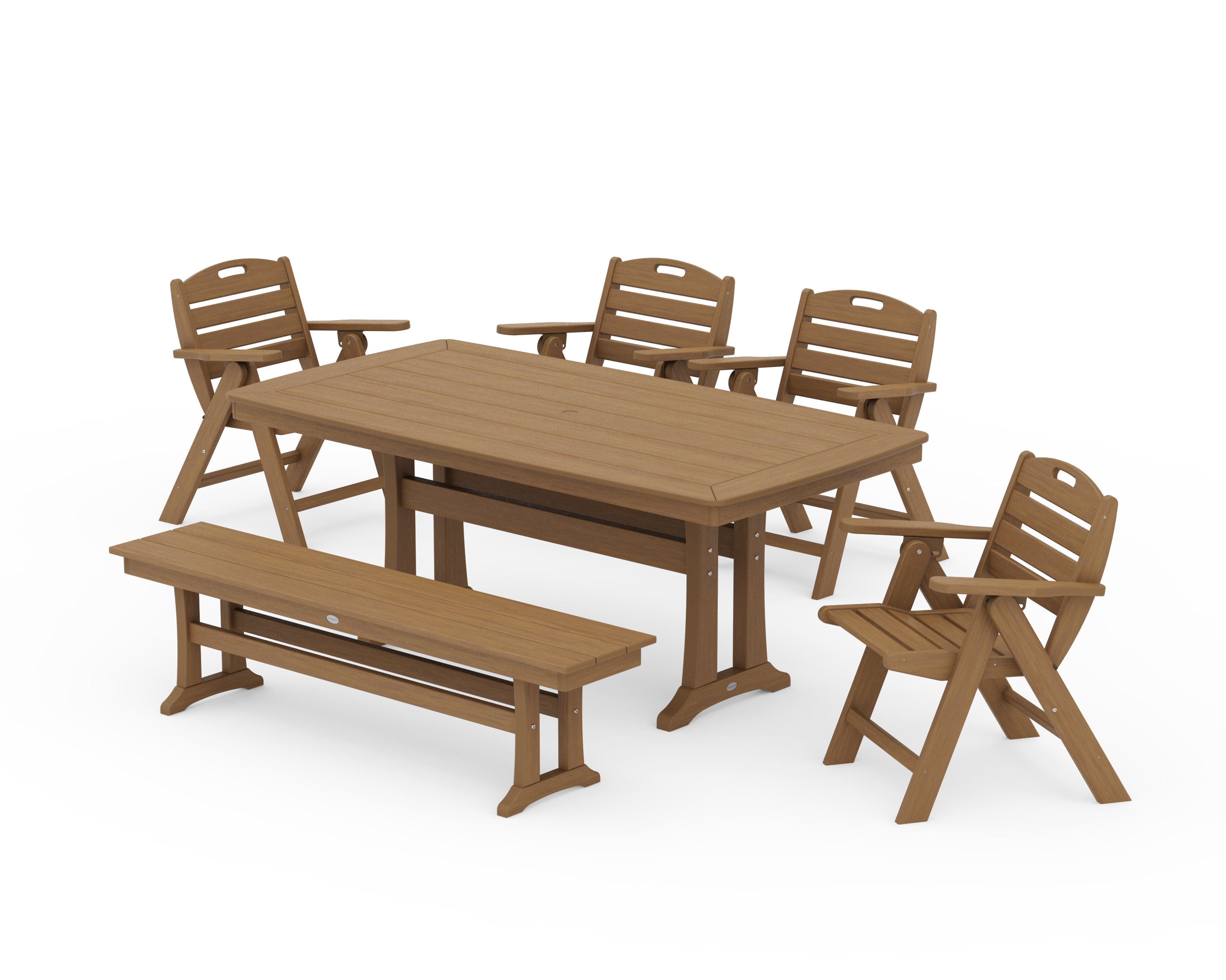 Nautical Lowback 6-Piece Dining Set with Trestle Legs and Bench in Natural
