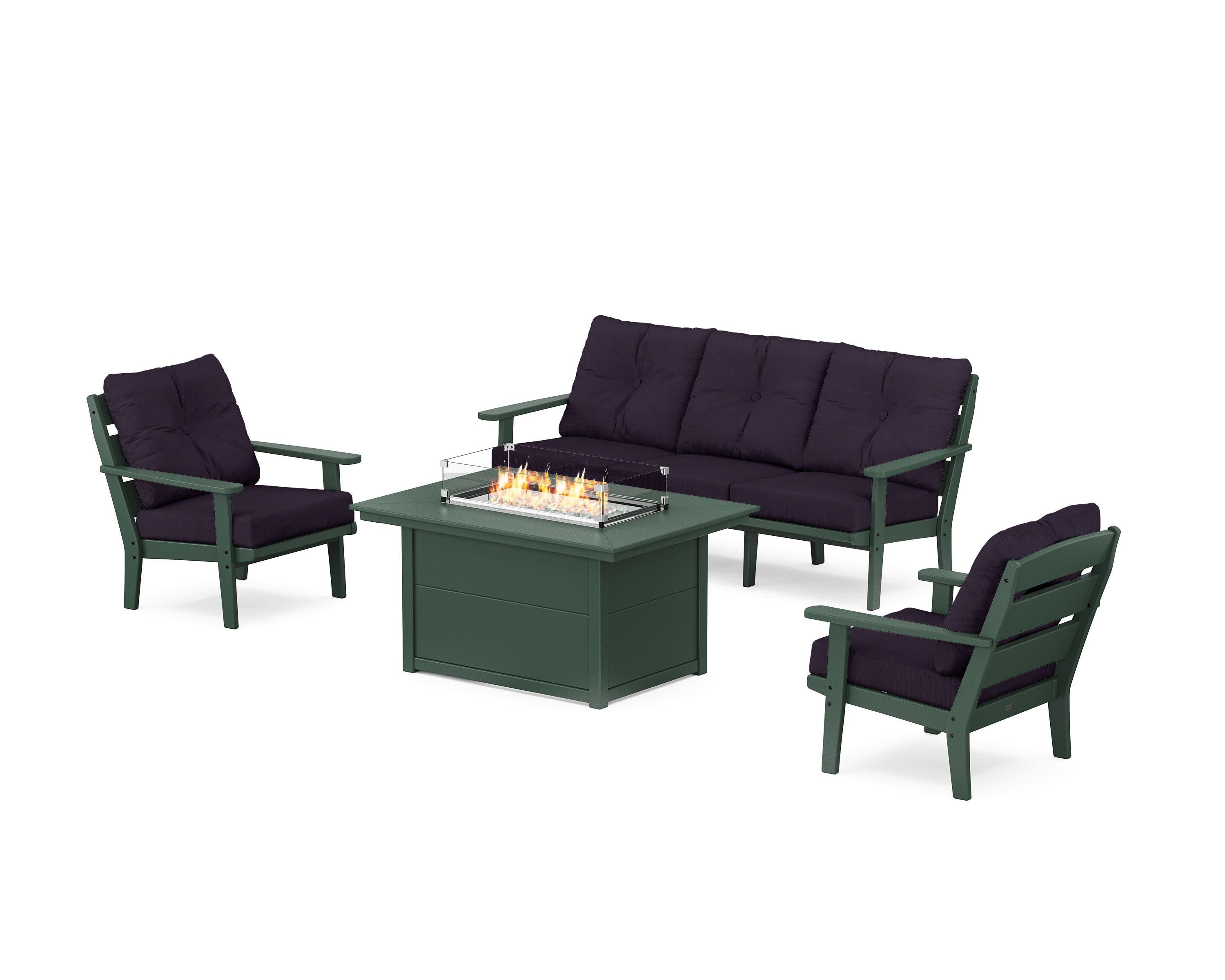 Lakeside Deep Seating Fire Pit Table Set in Green / Navy Linen
